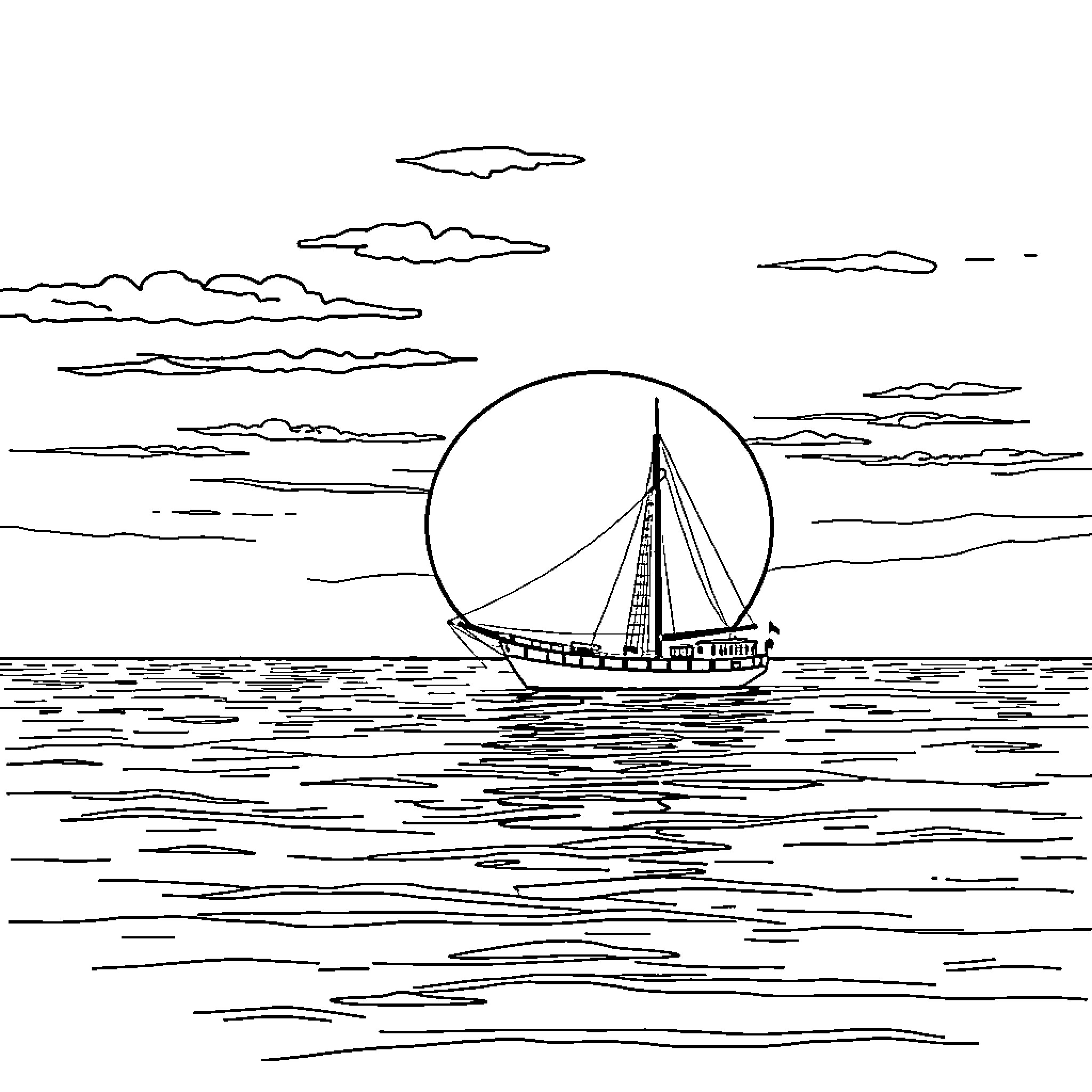 Sunset sailing on the open sea Coloring Page (free black-and-white line drawing printable PDF for all, from beginners to advanced learners, including children, teens, adults, and seniors)