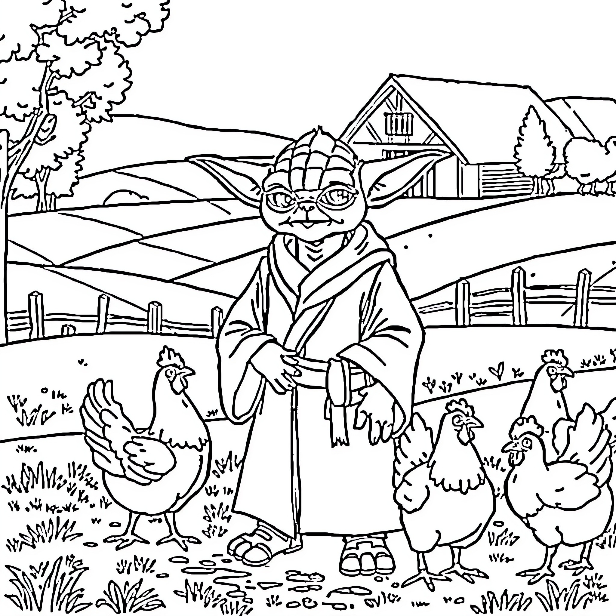 Yoda interacting with chickens on a scenic farm Coloring Page (free black-and-white line drawing printable PDF for all, from beginners to advanced learners, including children, teens, adults, and seniors)