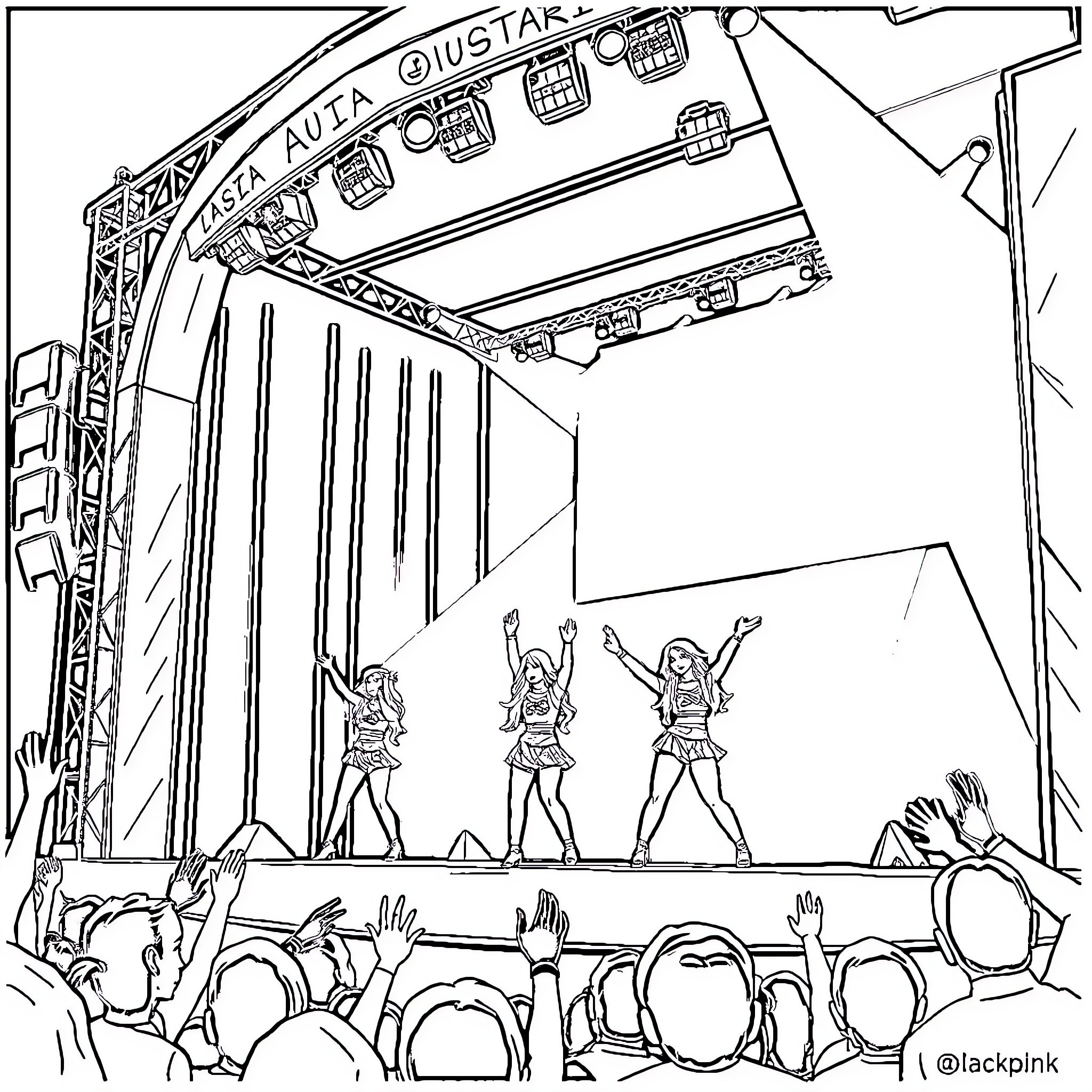 Blackpink performing energetically on stage with fans Coloring Page (free black-and-white line drawing printable PDF for all, from beginners to advanced learners, including children, teens, adults, and seniors)