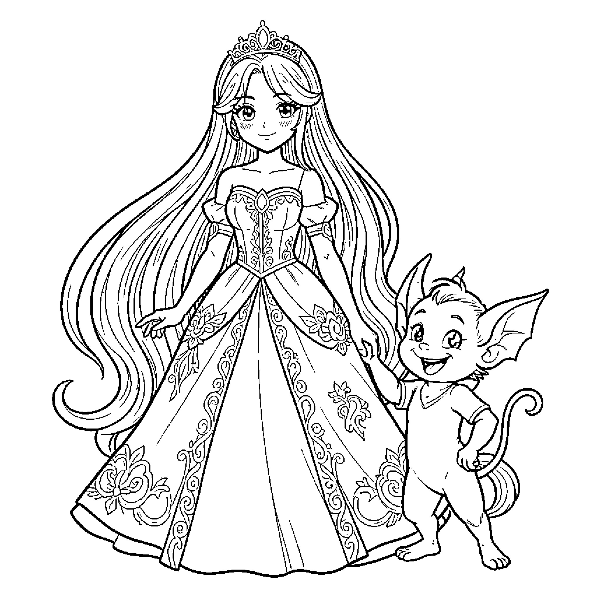 Princess in Elegant Gown with Playful Companion Coloring Page (free black-and-white line drawing printable PDF for all, from beginners to advanced learners, including children, teens, adults, and seniors)
