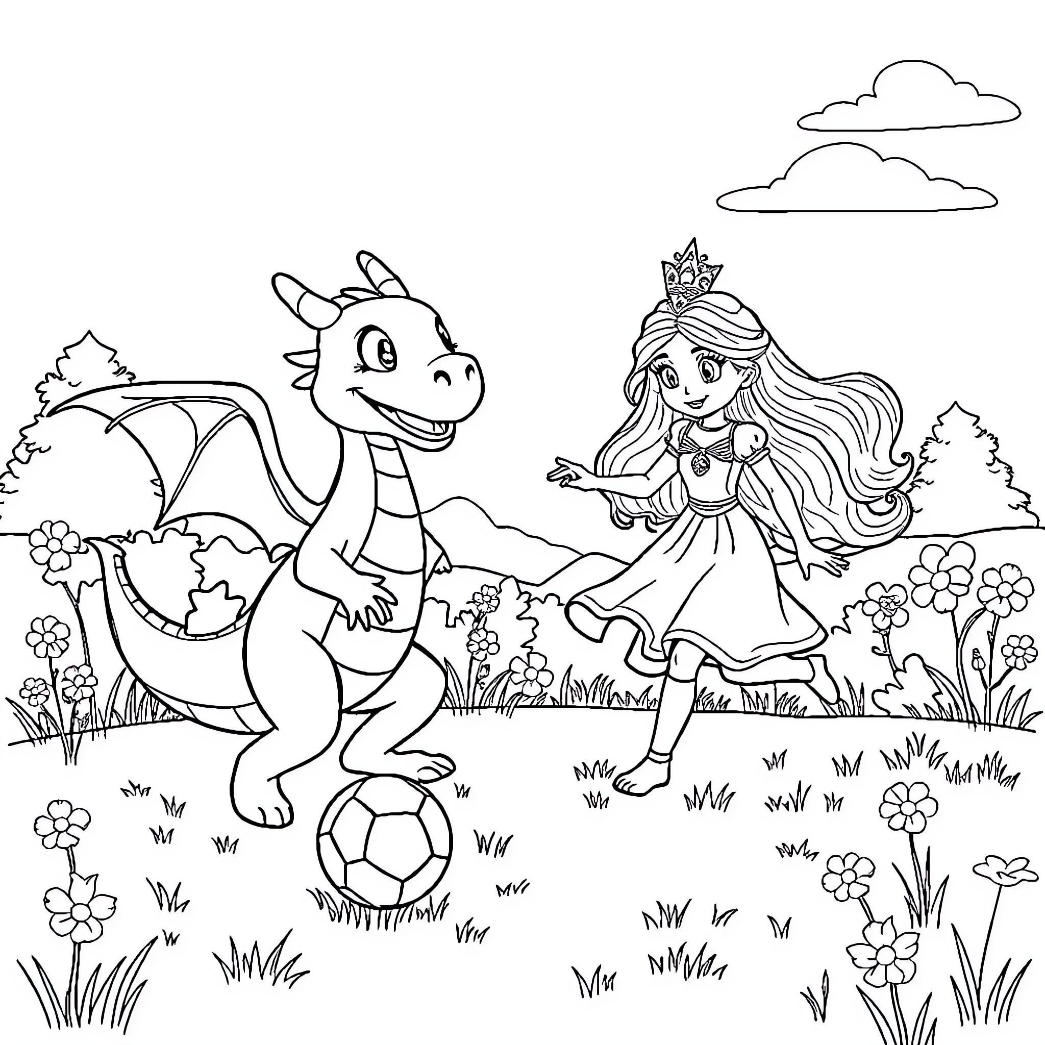 Dragon and princess playing together in the meadow Coloring Page (free black-and-white line drawing printable PDF for all, from beginners to advanced learners, including children, teens, adults, and seniors)
