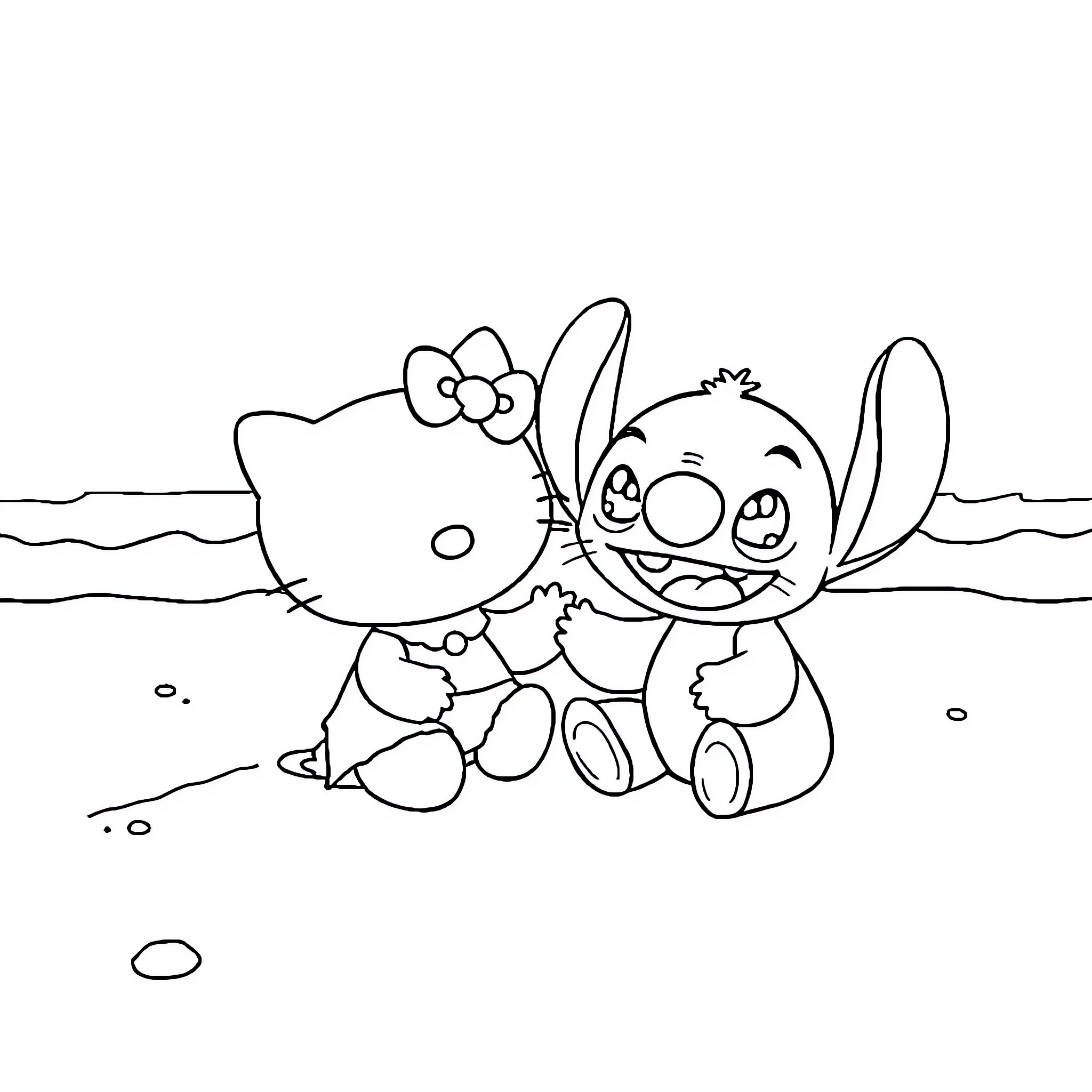 Hello Kitty and Stitch Playing Together on the Beach Coloring Page (free black-and-white line drawing printable PDF for all, from beginners to advanced learners, including children, teens, adults, and seniors)