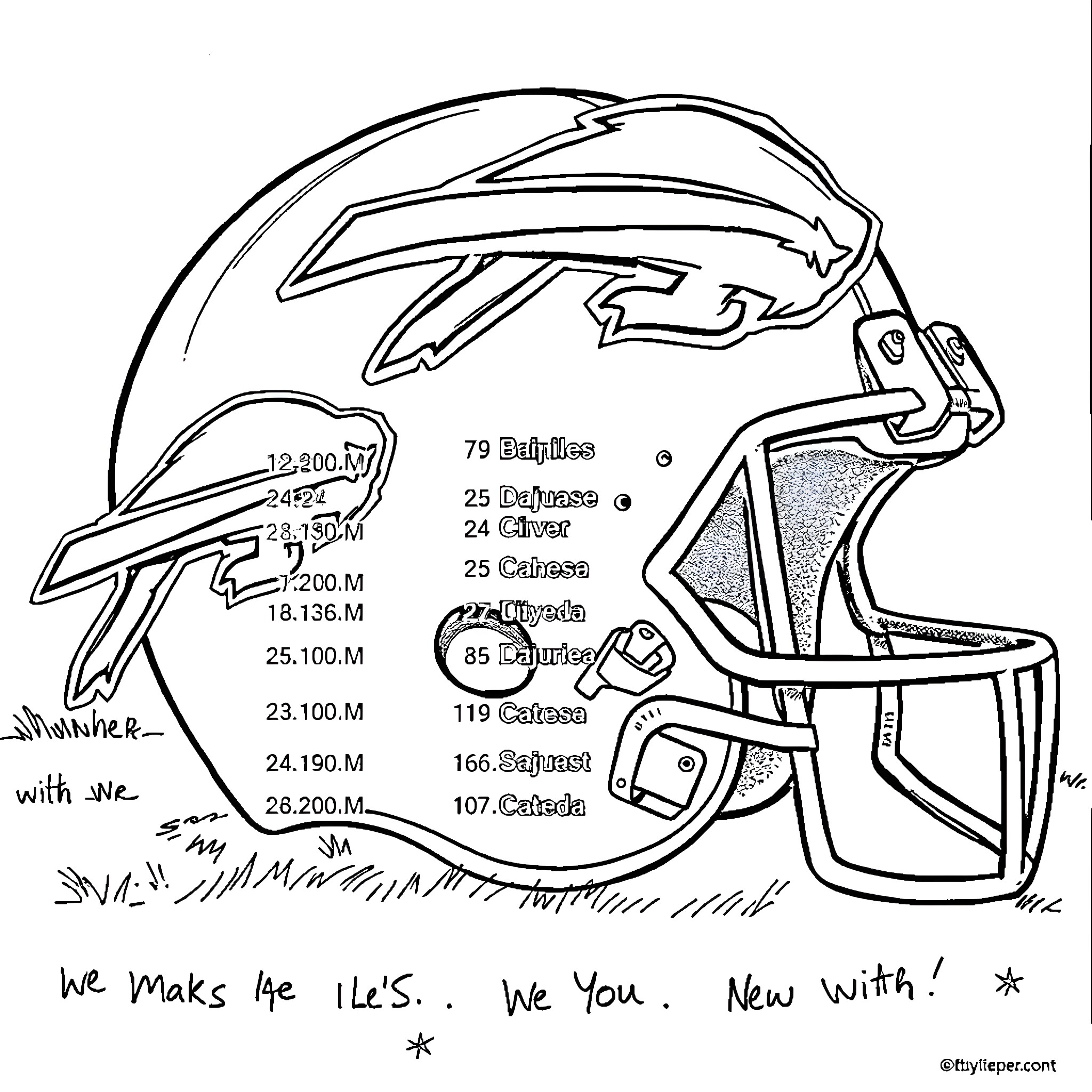 Buffalo football helmet with detailed specifications Coloring Page (free black-and-white line drawing printable PDF for all, from beginners to advanced learners, including children, teens, adults, and seniors)