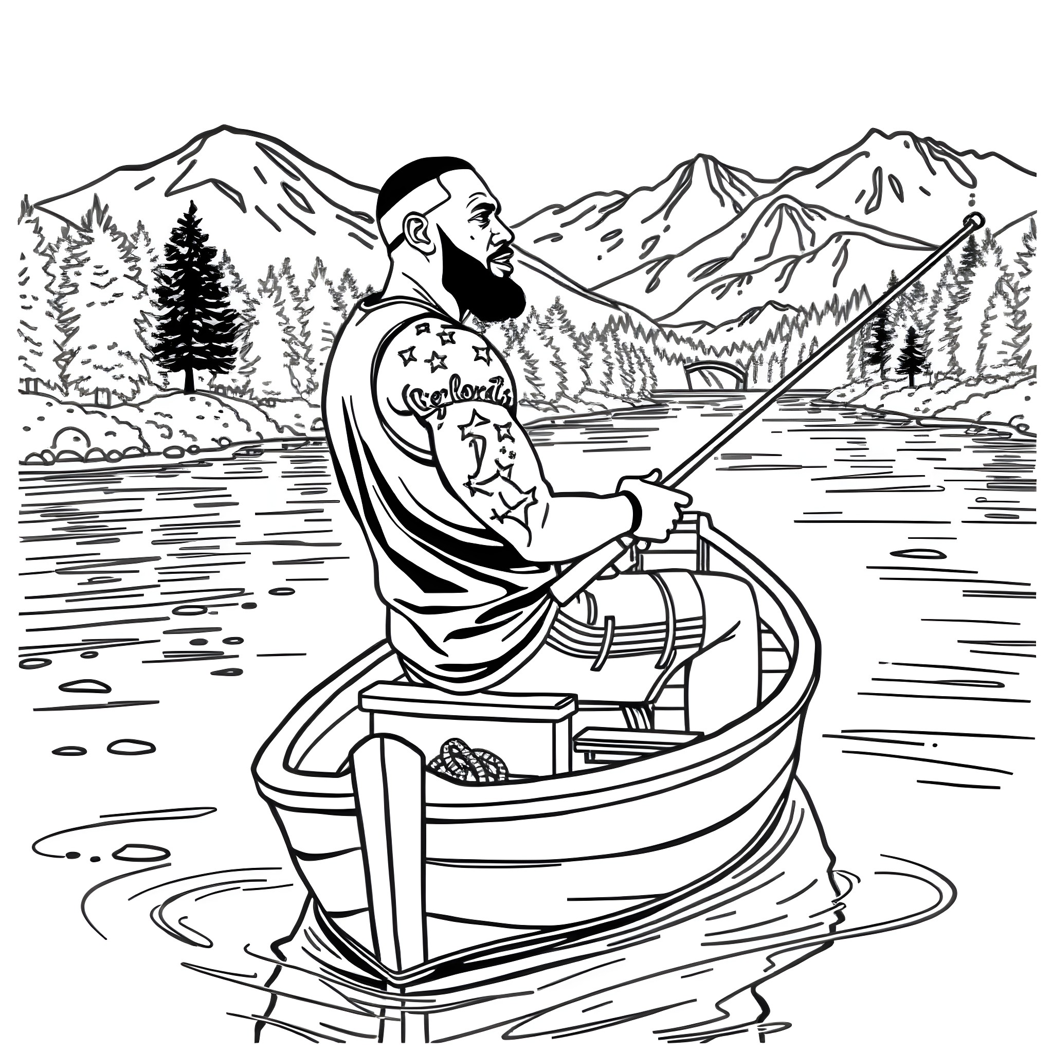 LeBron James fishing in serene mountain landscape Coloring Page (free black-and-white line drawing printable PDF for all, from beginners to advanced learners, including children, teens, adults, and seniors)