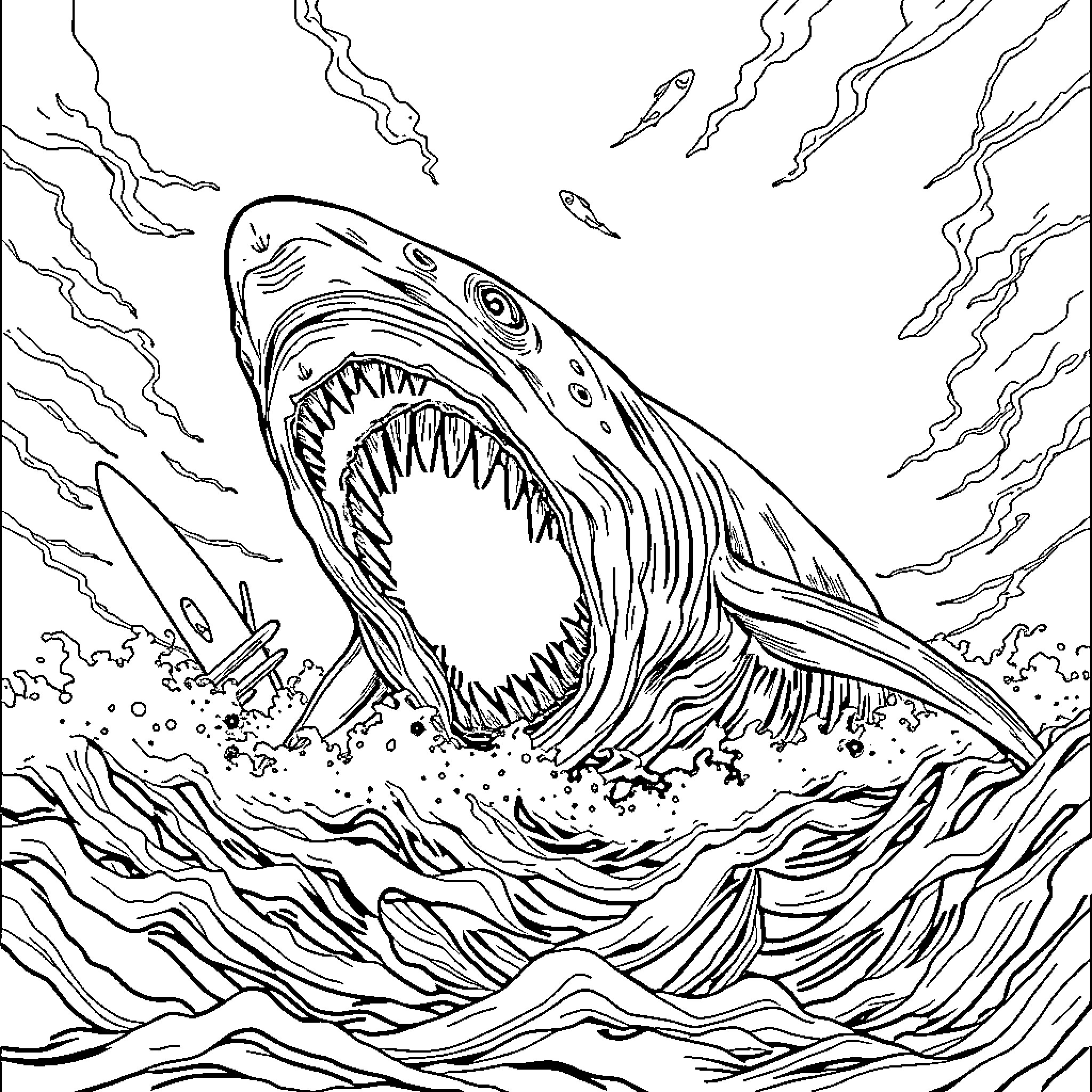 Zombie Shark Attacks Prey in Turbulent Waters Coloring Page (free black-and-white line drawing printable PDF for all, from beginners to advanced learners, including children, teens, adults, and seniors)