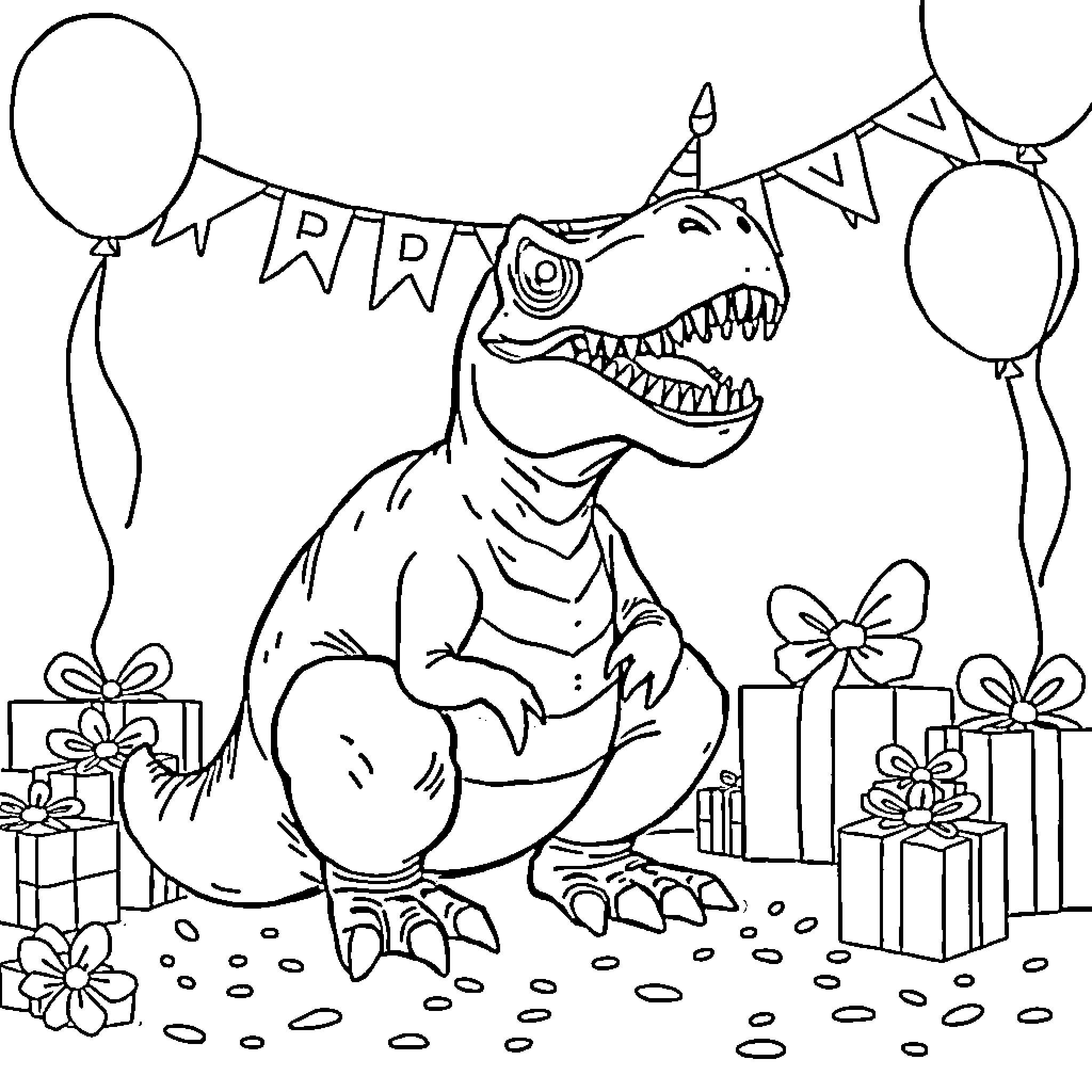 T-Rex celebrating birthday with gifts and balloons Coloring Page (free black-and-white line drawing printable PDF for all, from beginners to advanced learners, including children, teens, adults, and seniors)