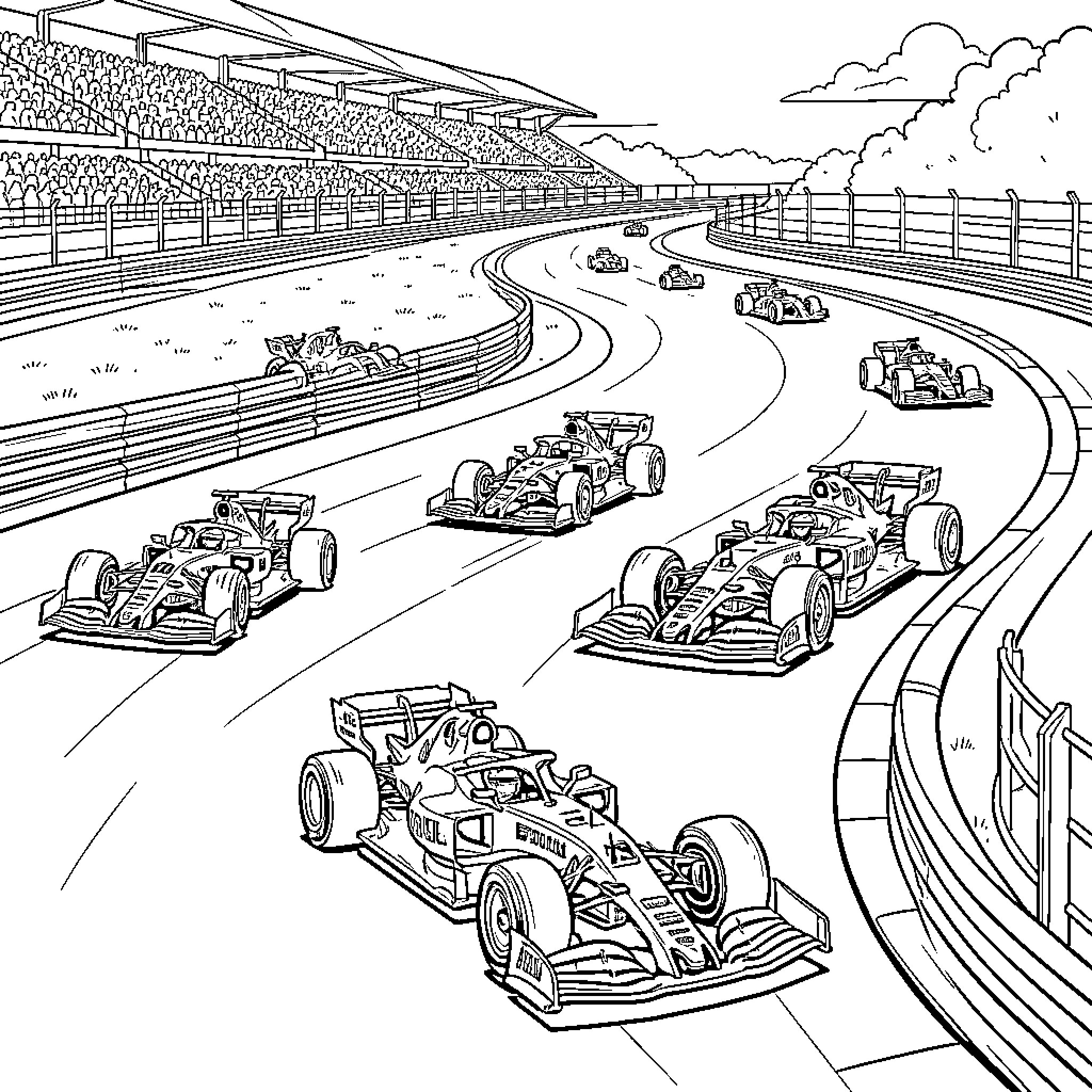 Formula 1 racing cars speeding around a track Coloring Page (free black-and-white line drawing printable PDF for all, from beginners to advanced learners, including children, teens, adults, and seniors)