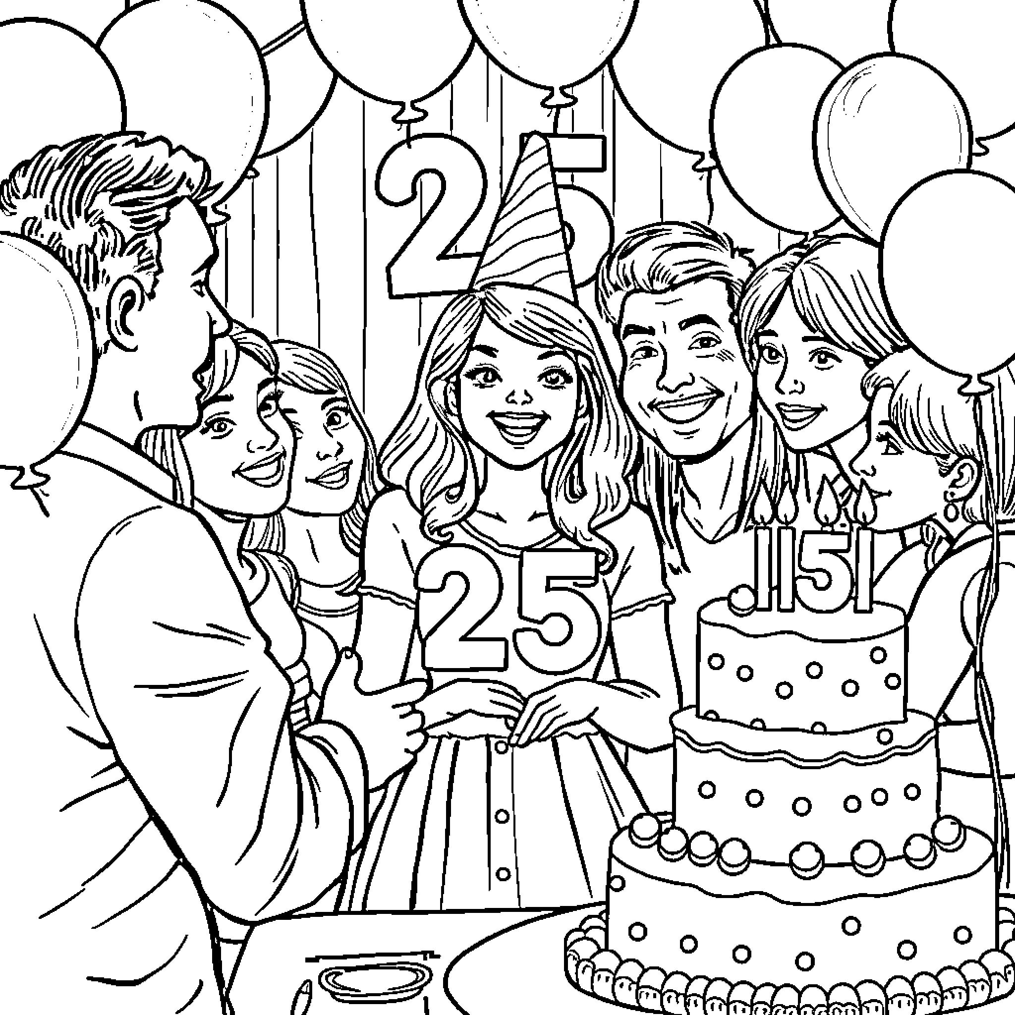 Girl celebrating birthday with family and friends Coloring Page (free black-and-white line drawing printable PDF for all, from beginners to advanced learners, including children, teens, adults, and seniors)