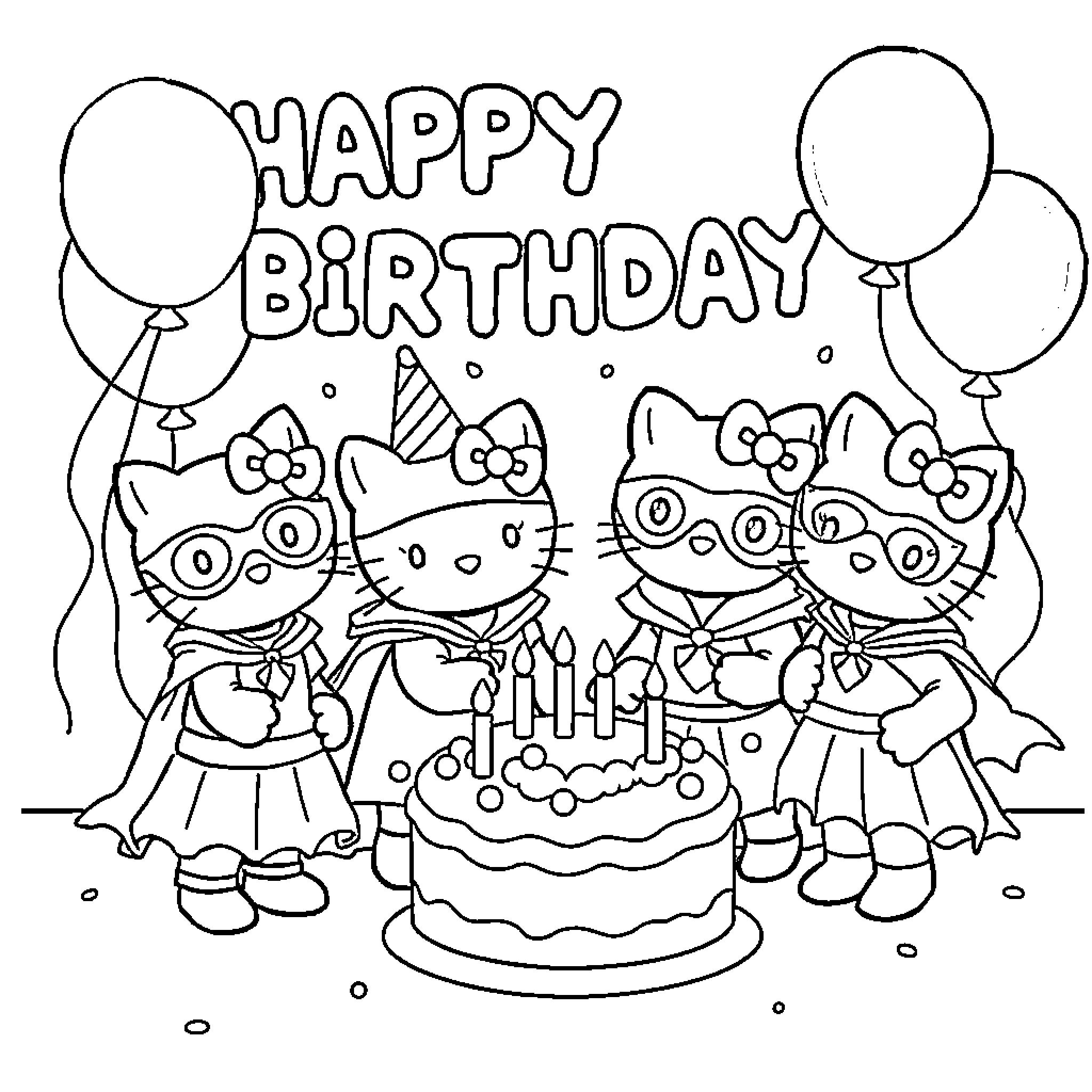 Superkitty Birthday Party with Balloons and Cake Coloring Page (free black-and-white line drawing printable PDF for all, from beginners to advanced learners, including children, teens, adults, and seniors)