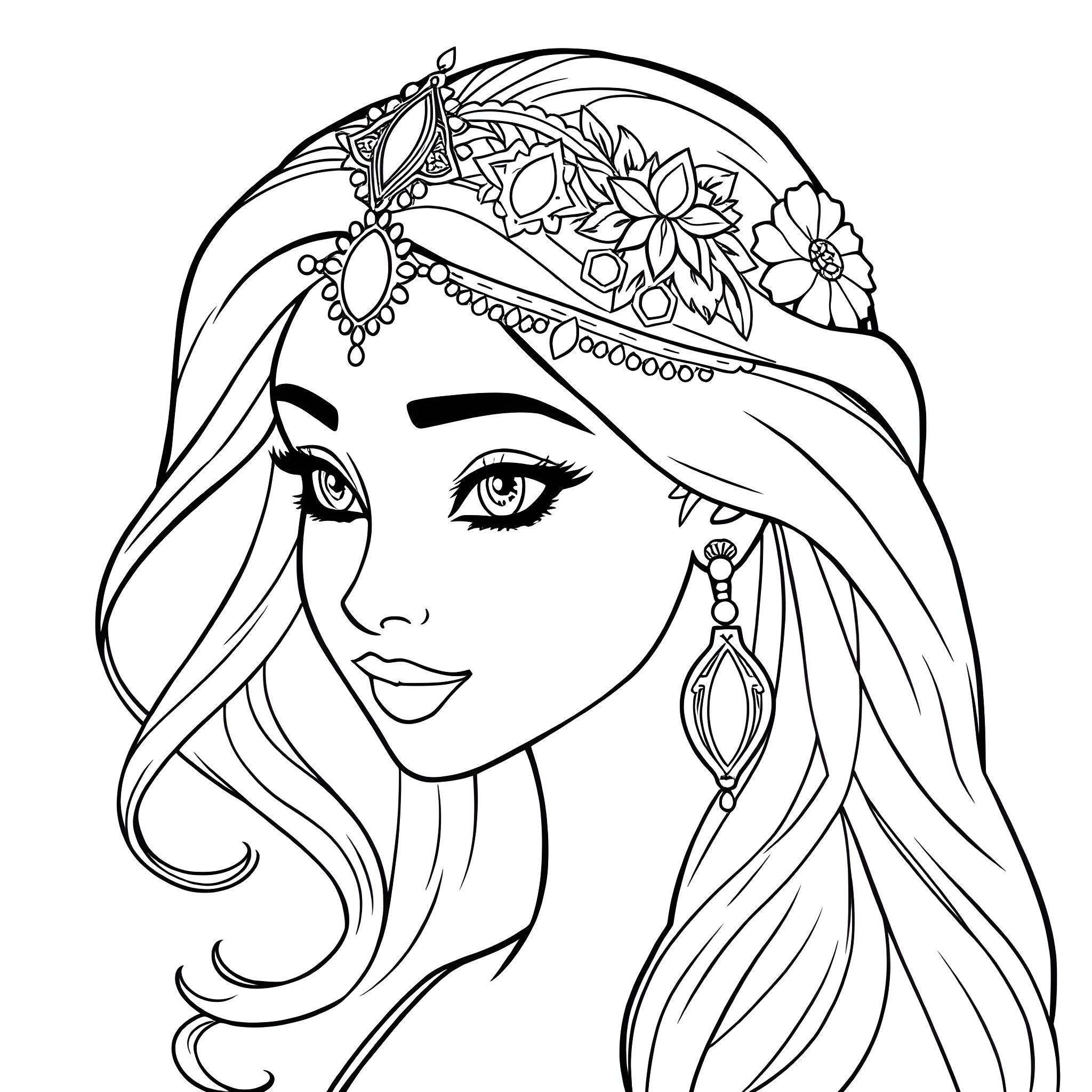 Jasmine in ornate head accessory with flowing hair Coloring Page (free black-and-white line drawing printable PDF for all, from beginners to advanced learners, including children, teens, adults, and seniors)