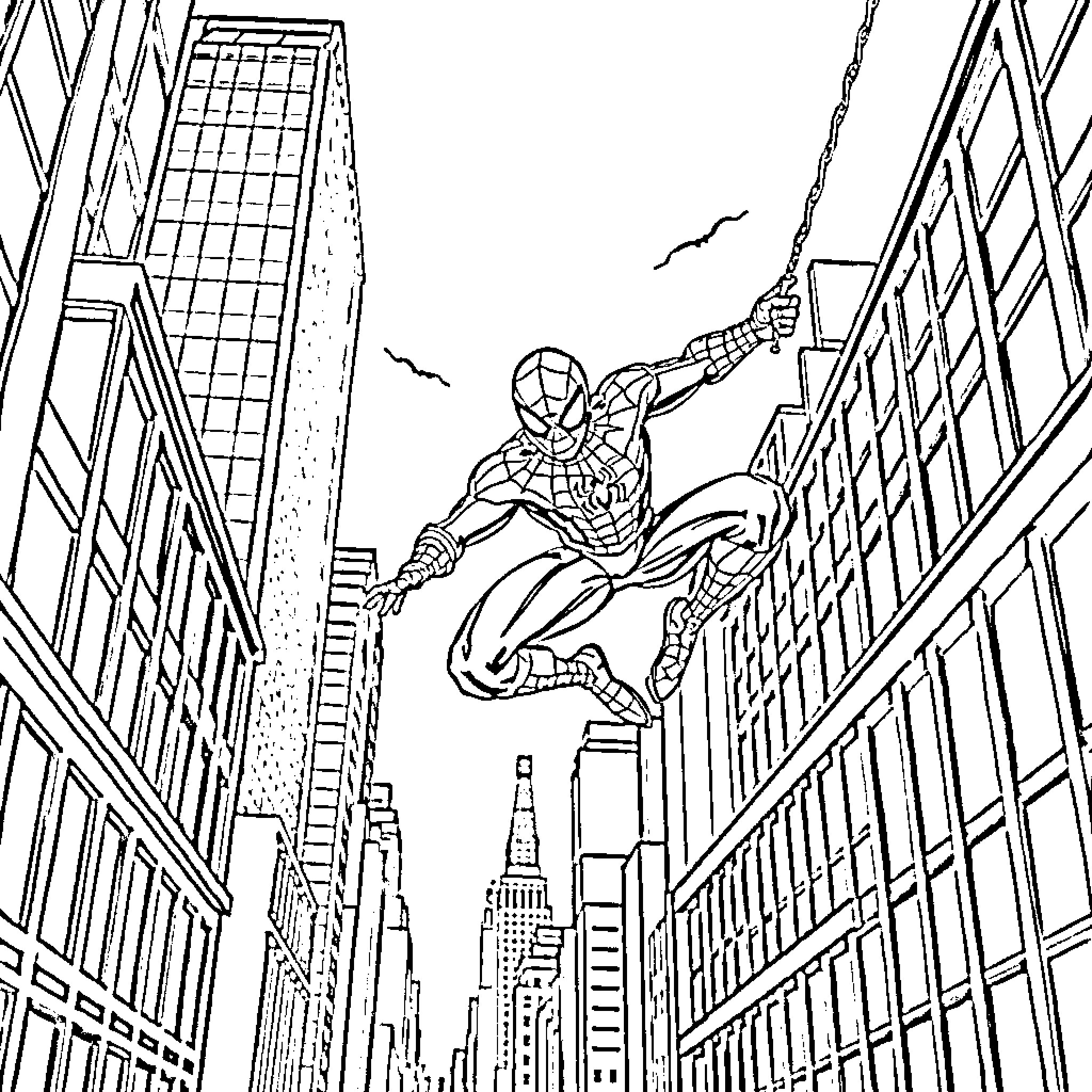 Spider-Man swinging through the city skyline Coloring Page (free black-and-white line drawing printable PDF for all, from beginners to advanced learners, including children, teens, adults, and seniors)