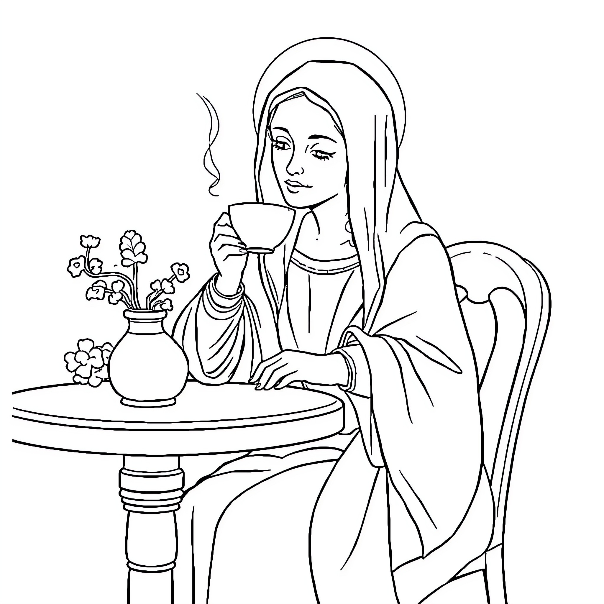 Madonna enjoying a cup of tea by the table Coloring Page (free black-and-white line drawing printable PDF for all, from beginners to advanced learners, including children, teens, adults, and seniors)