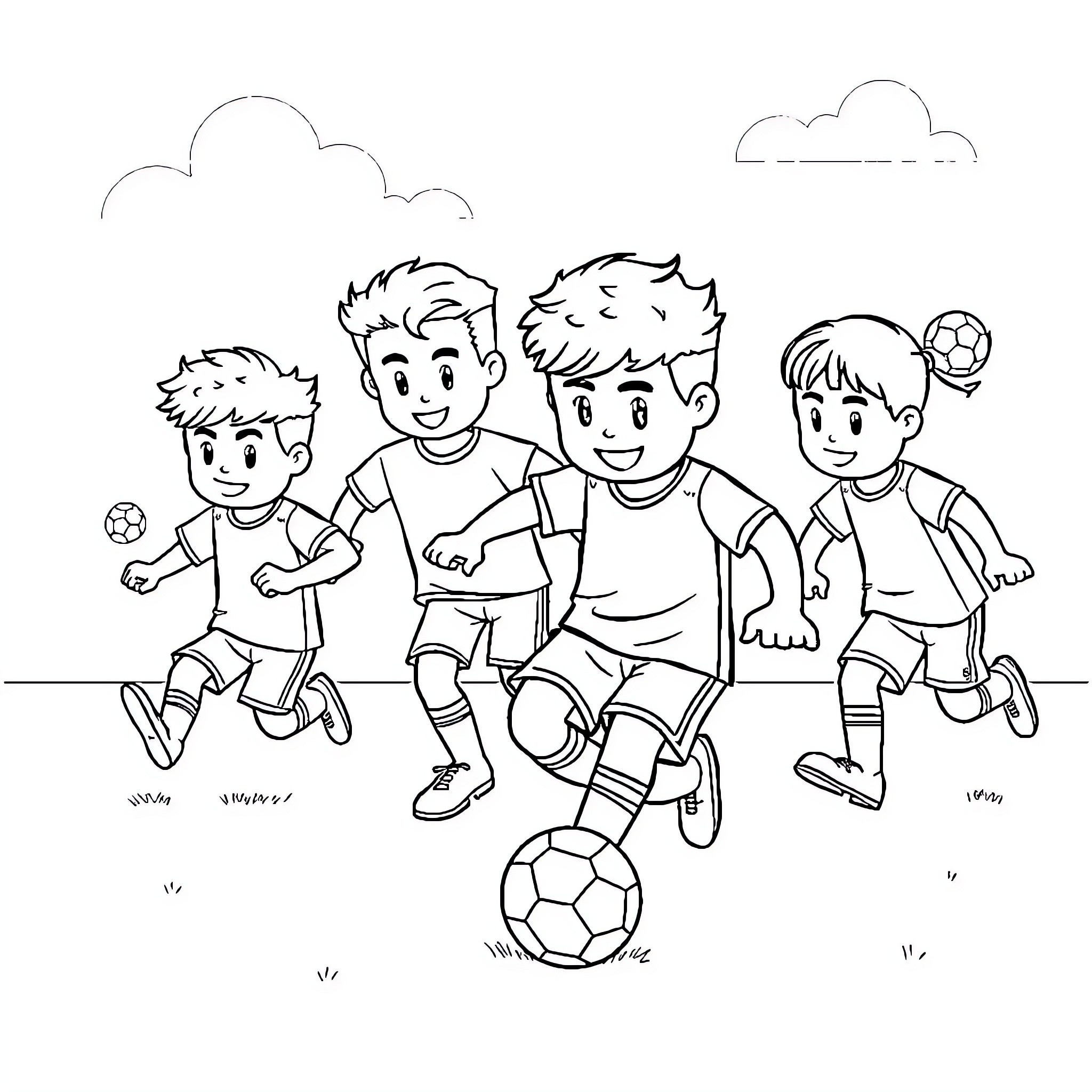 Number Block Children Playing Soccer Together Coloring Page (free black-and-white line drawing printable PDF for all, from beginners to advanced learners, including children, teens, adults, and seniors)