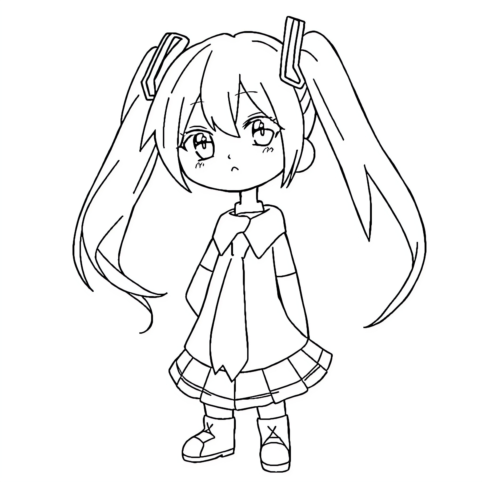 Hatsune Miku in a cheerful anime-style pose Coloring Page (free black-and-white line drawing printable PDF for all, from beginners to advanced learners, including children, teens, adults, and seniors)