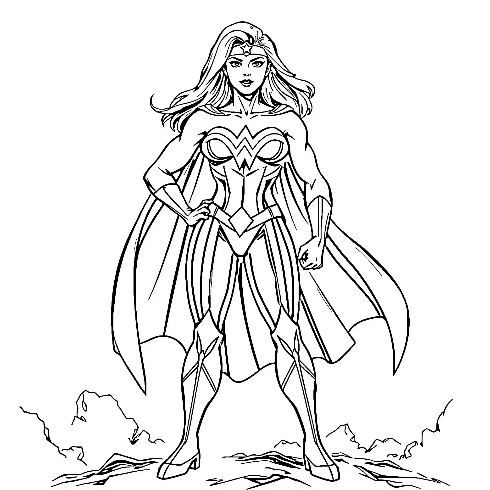 Superwoman Standing Heroically in Dramatic Pose Coloring Page (free black-and-white line drawing printable PDF for all, from beginners to advanced learners, including children, teens, adults, and seniors)