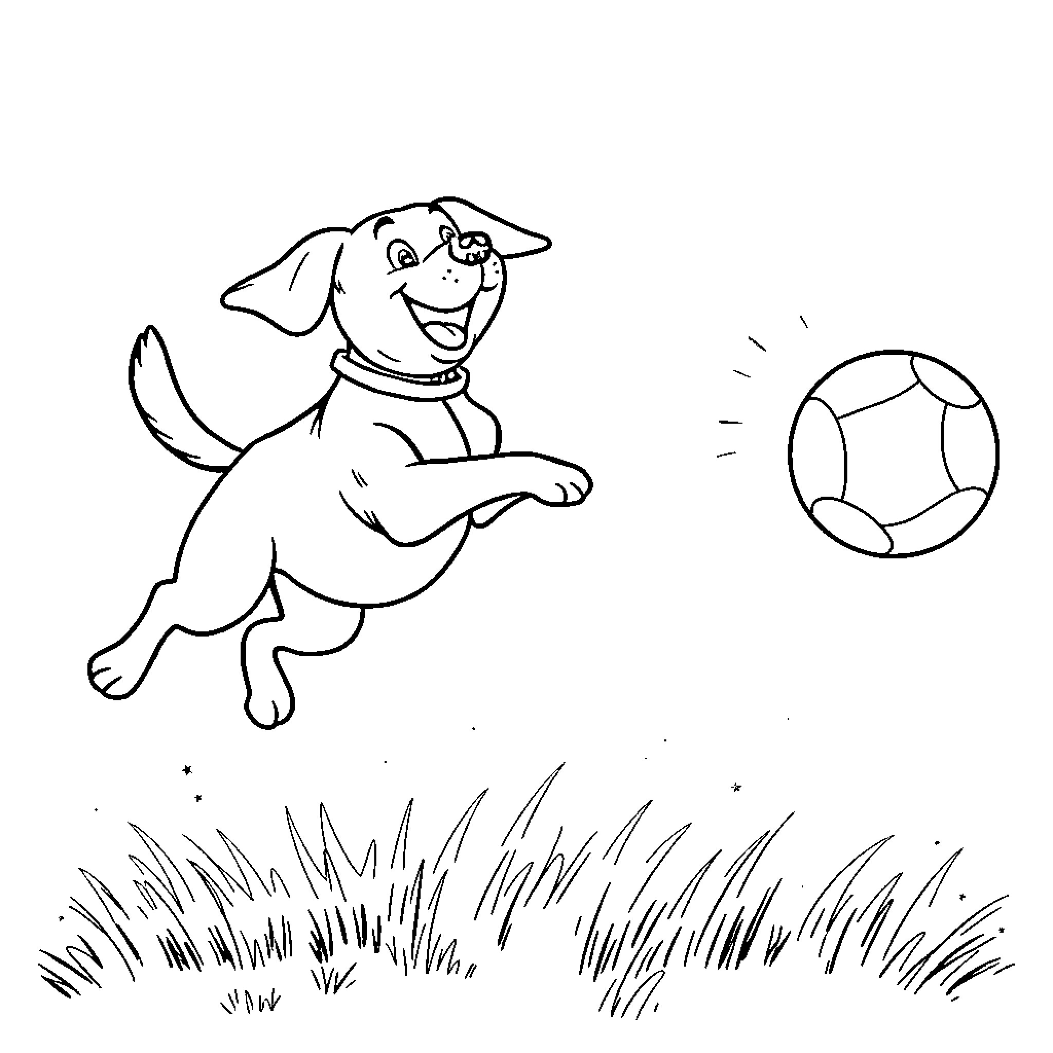 Dog chasing and playing with ball in the yard Coloring Page (free black-and-white line drawing printable PDF for all, from beginners to advanced learners, including children, teens, adults, and seniors)