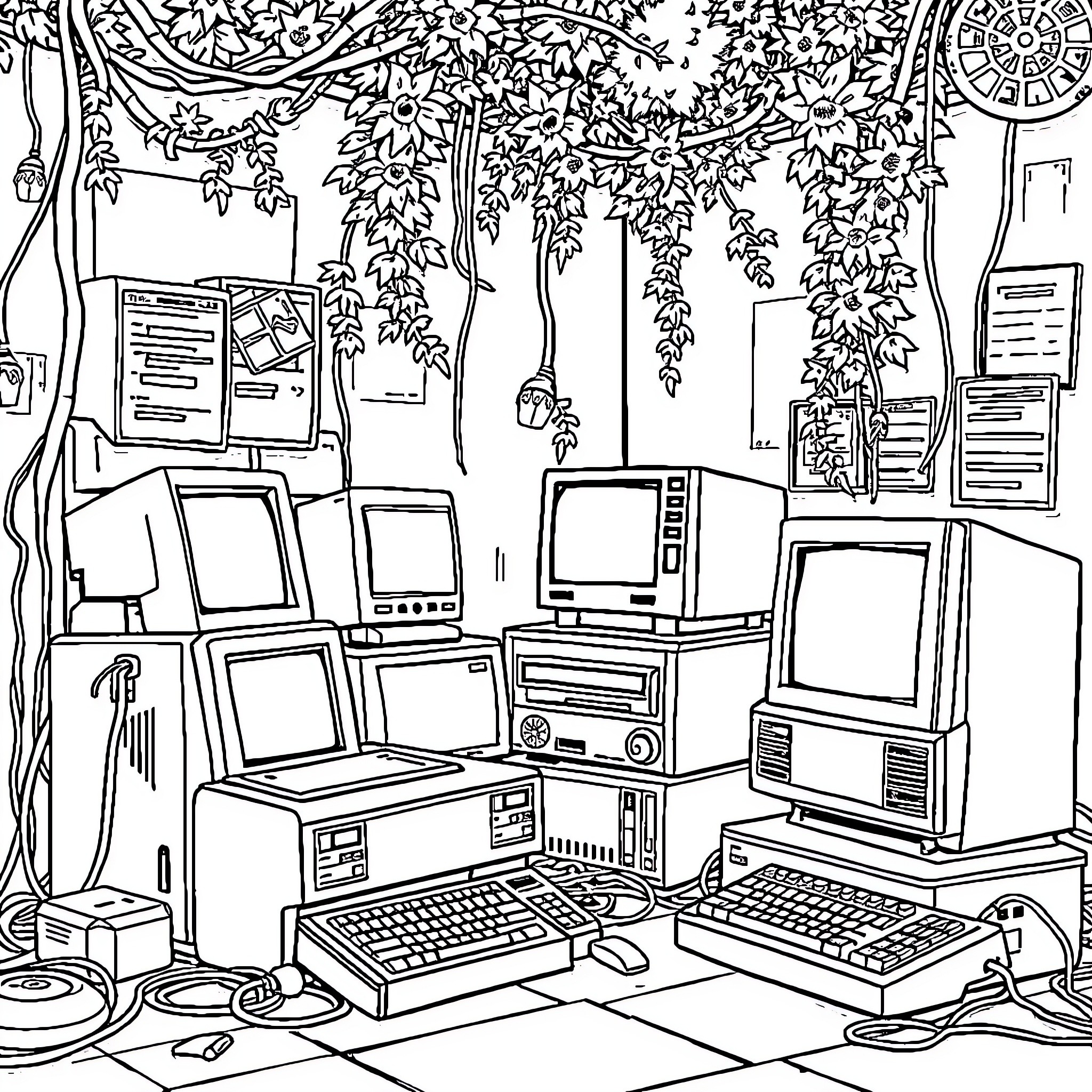 Obsolete Computer Graveyard: A Nostalgic Scene Coloring Page (free black-and-white line drawing printable PDF for all, from beginners to advanced learners, including children, teens, adults, and seniors)