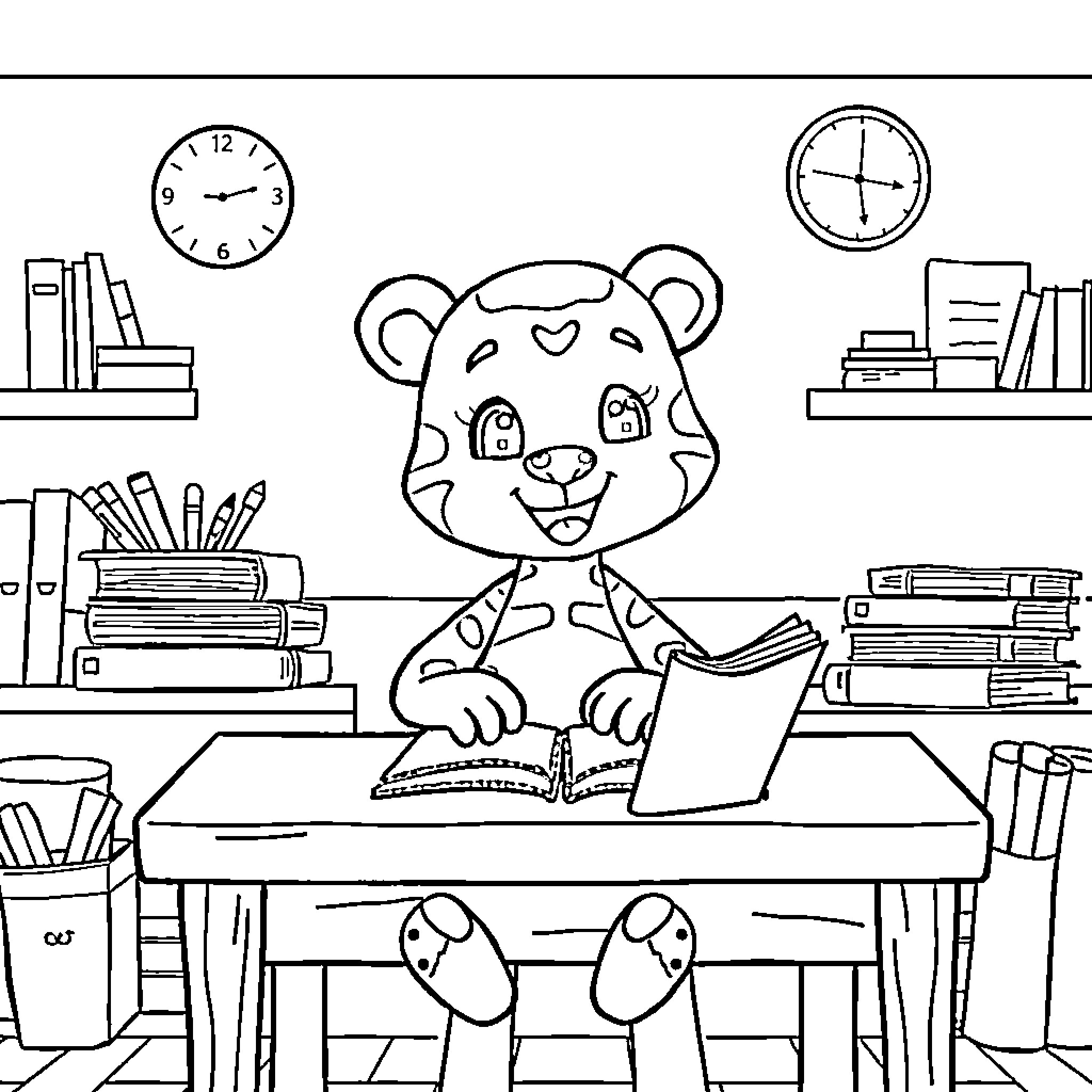 Labubu studying diligently in classroom Coloring Page (free black-and-white line drawing printable PDF for all, from beginners to advanced learners, including children, teens, adults, and seniors)