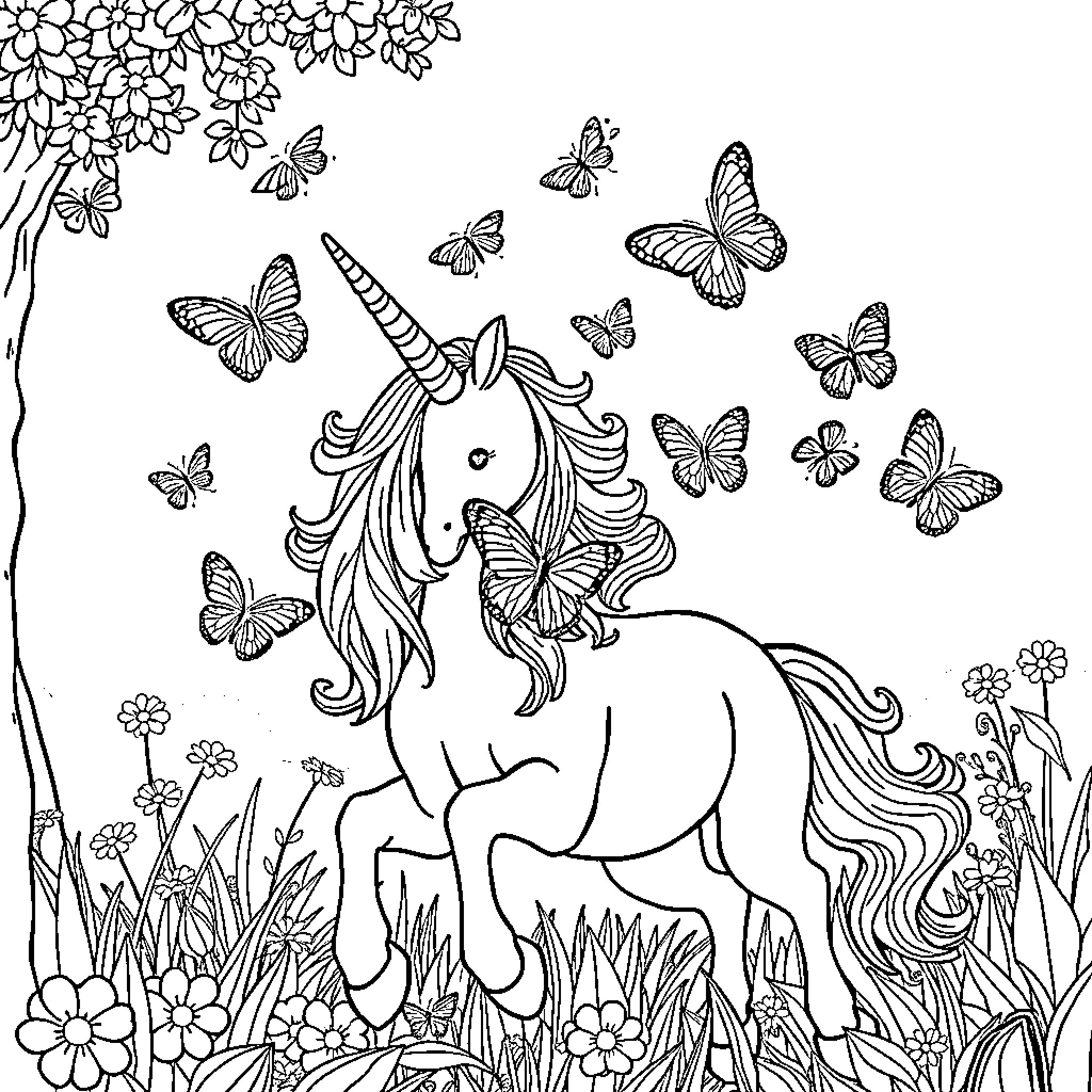 Unicorn resting amidst blooming flowers and butterflies Coloring Page (free black-and-white line drawing printable PDF for all, from beginners to advanced learners, including children, teens, adults, and seniors)