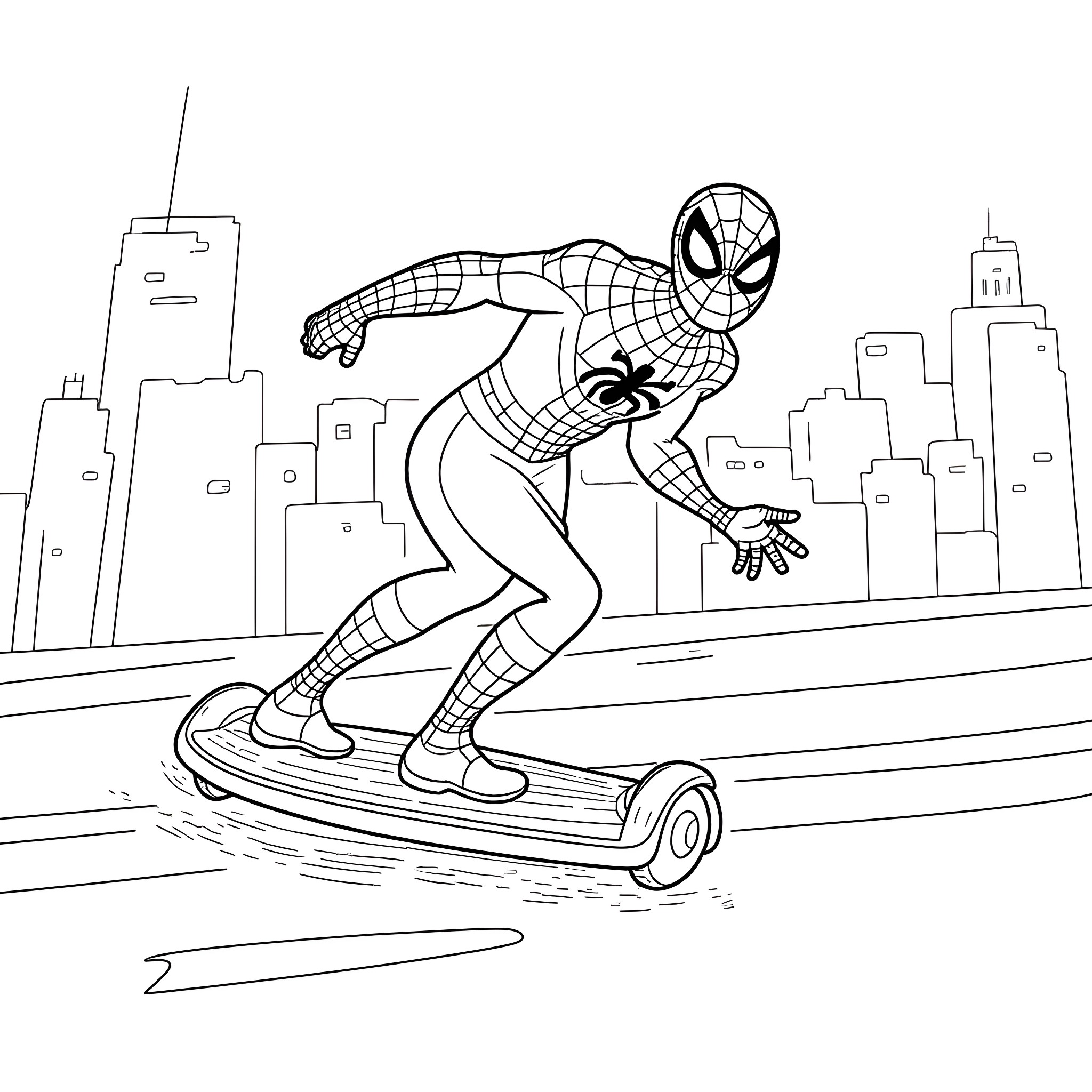 Spidey swinging through the city on hoverboard Coloring Page (free black-and-white line drawing printable PDF for all, from beginners to advanced learners, including children, teens, adults, and seniors)