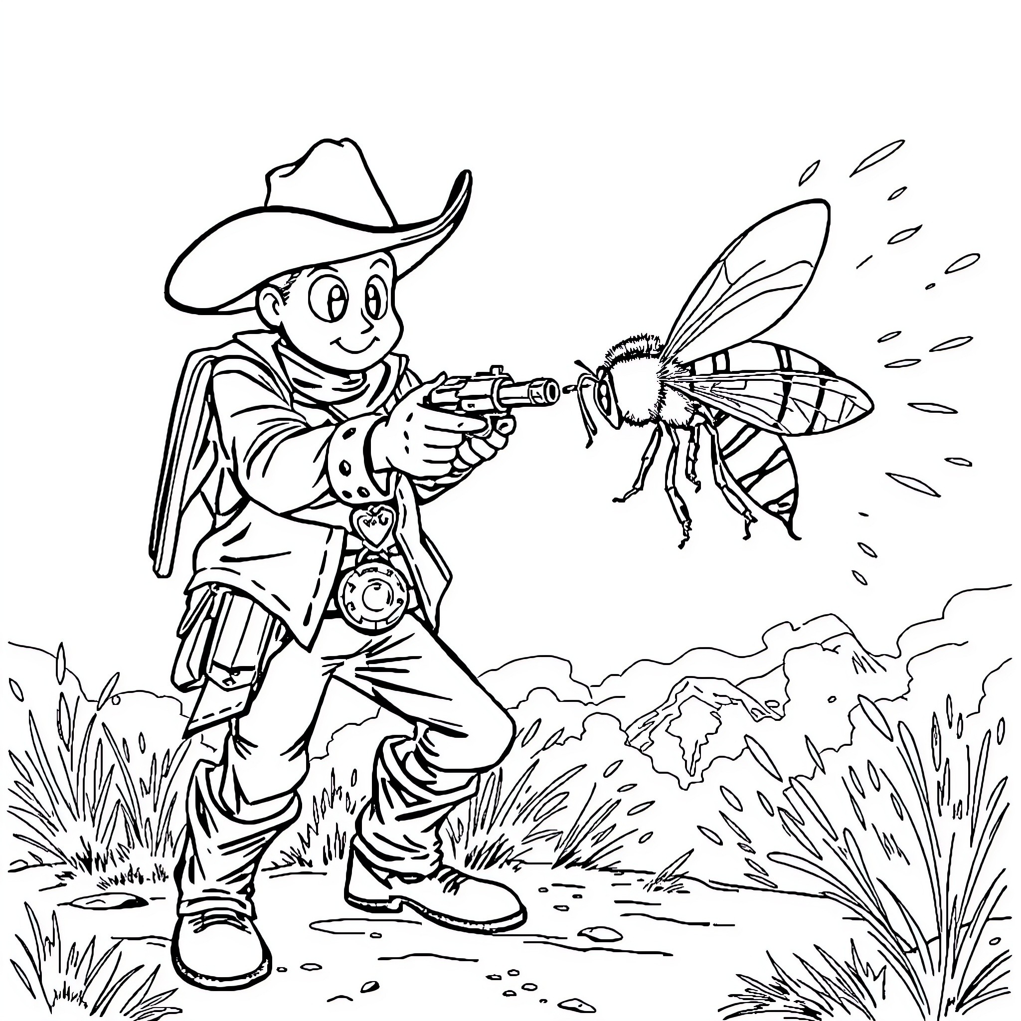 Cowboy battling a giant bee in the wild Coloring Page (free black-and-white line drawing printable PDF for all, from beginners to advanced learners, including children, teens, adults, and seniors)
