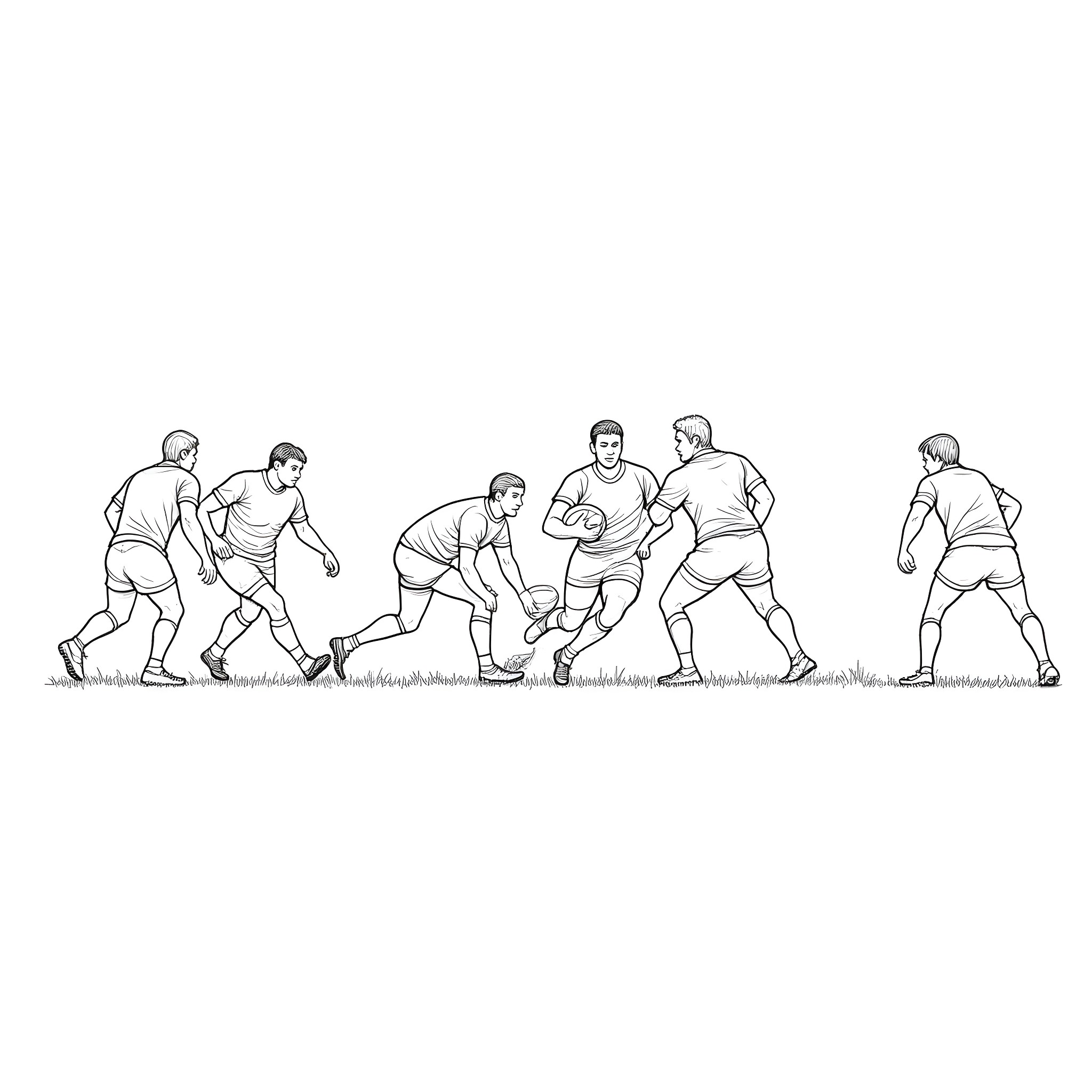 Rugby players engaged in a competitive match Coloring Page (free black-and-white line drawing printable PDF for all, from beginners to advanced learners, including children, teens, adults, and seniors)