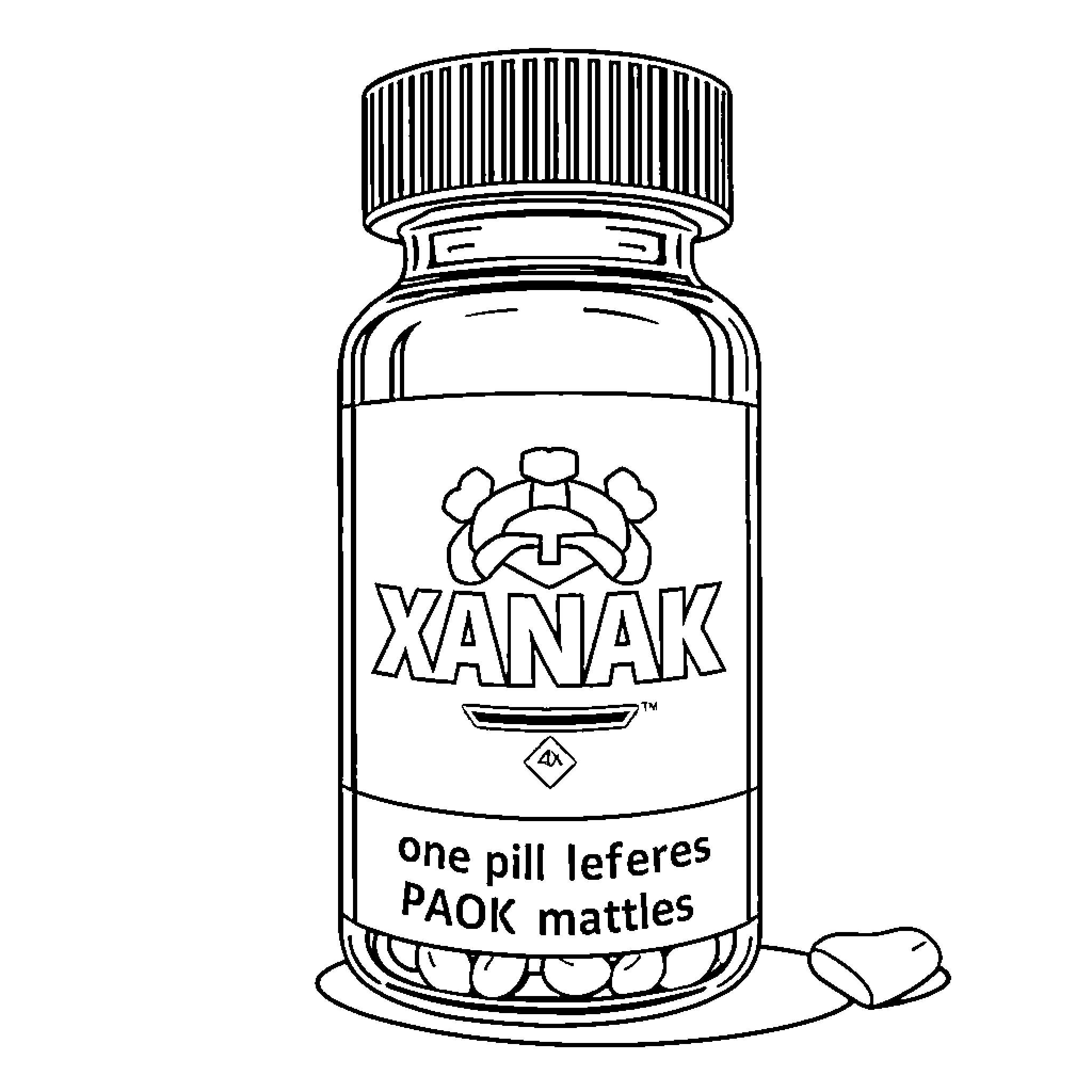 Medicine bottle with pill label Coloring Page (free black-and-white line drawing printable PDF for all, from beginners to advanced learners, including children, teens, adults, and seniors)