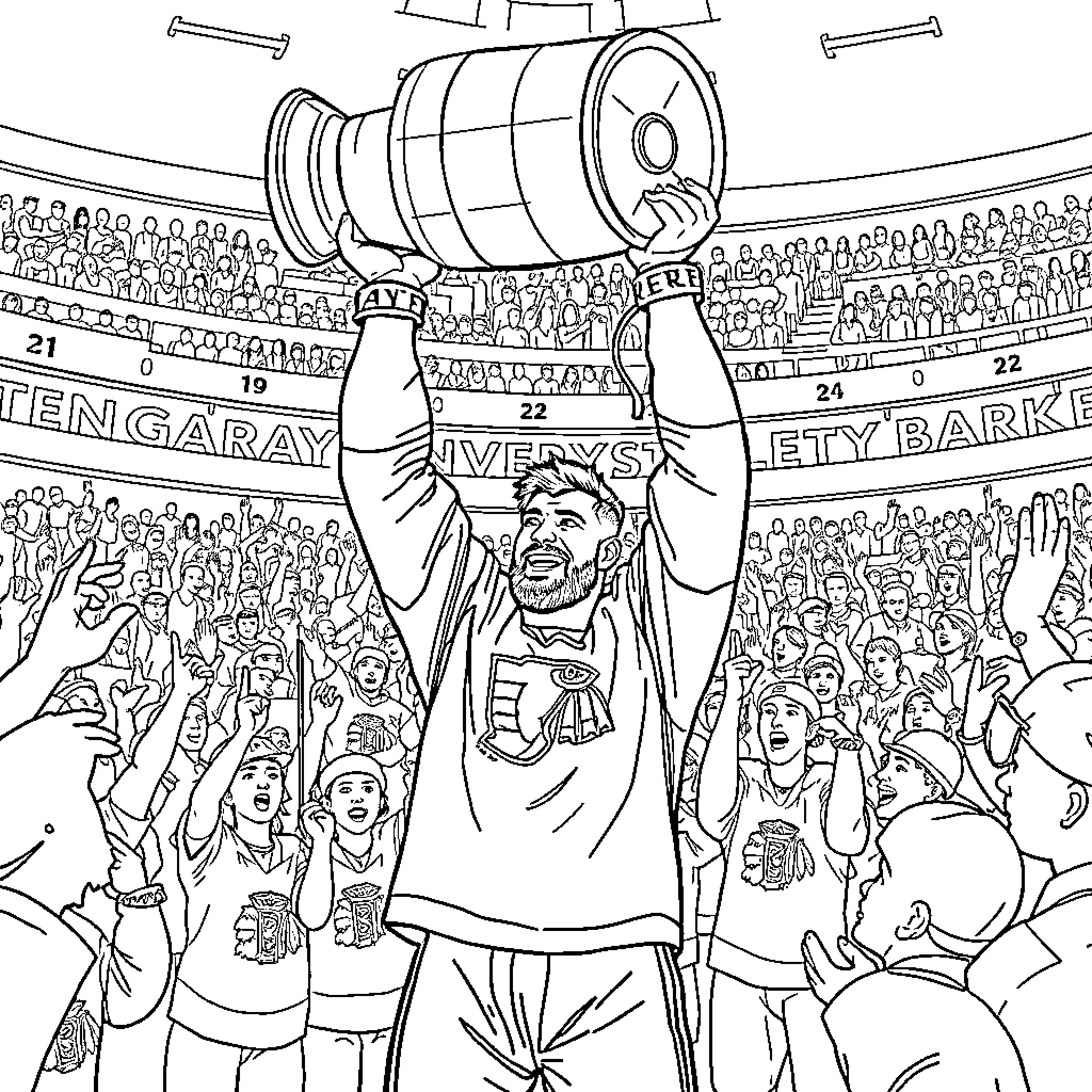 Aleksander Barkov lifting a championship trophy before cheering fans Coloring Page (free black-and-white line drawing printable PDF for all, from beginners to advanced learners, including children, teens, adults, and seniors)