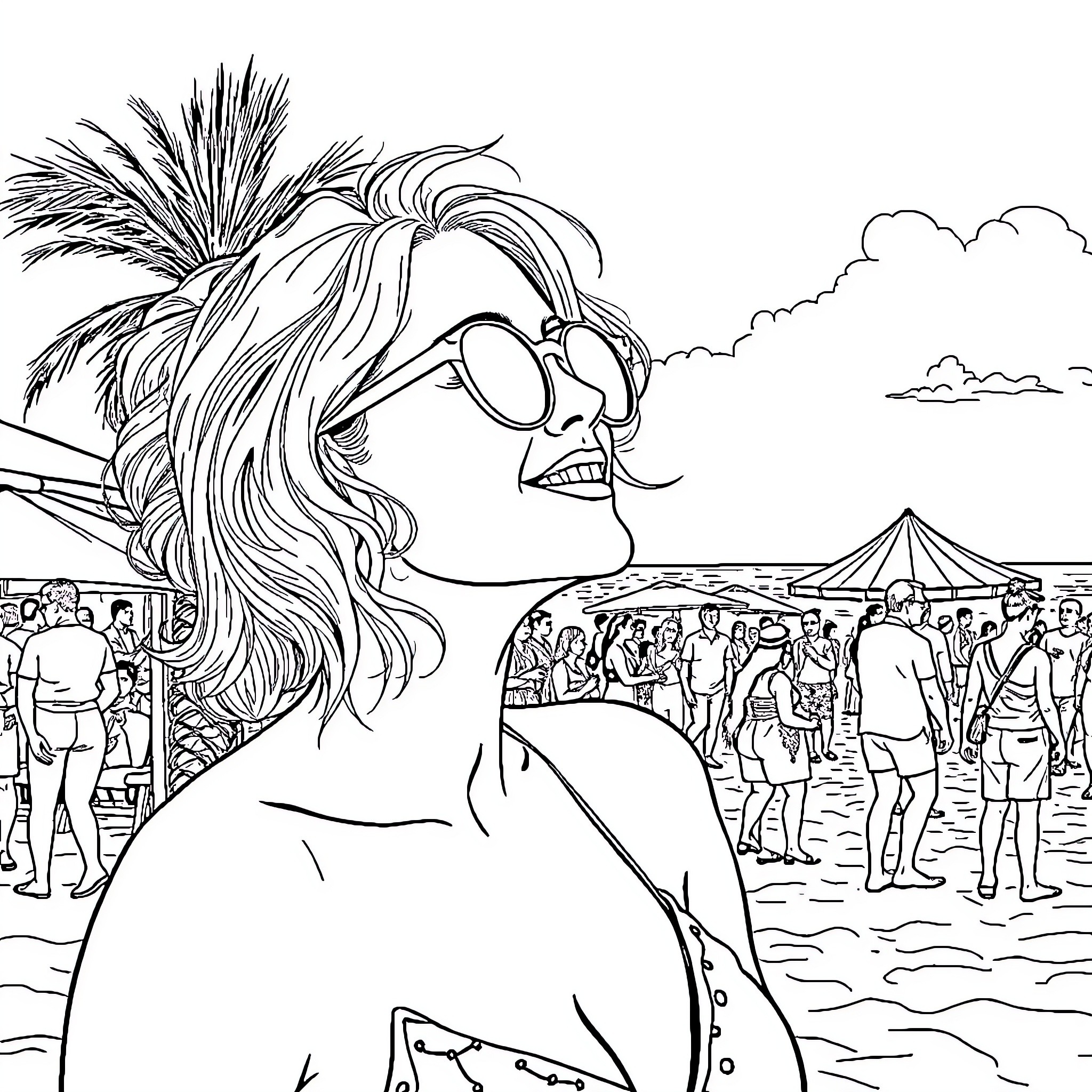 Woman enjoying lively beach scene with festive crowd Coloring Page (free black-and-white line drawing printable PDF for all, from beginners to advanced learners, including children, teens, adults, and seniors)