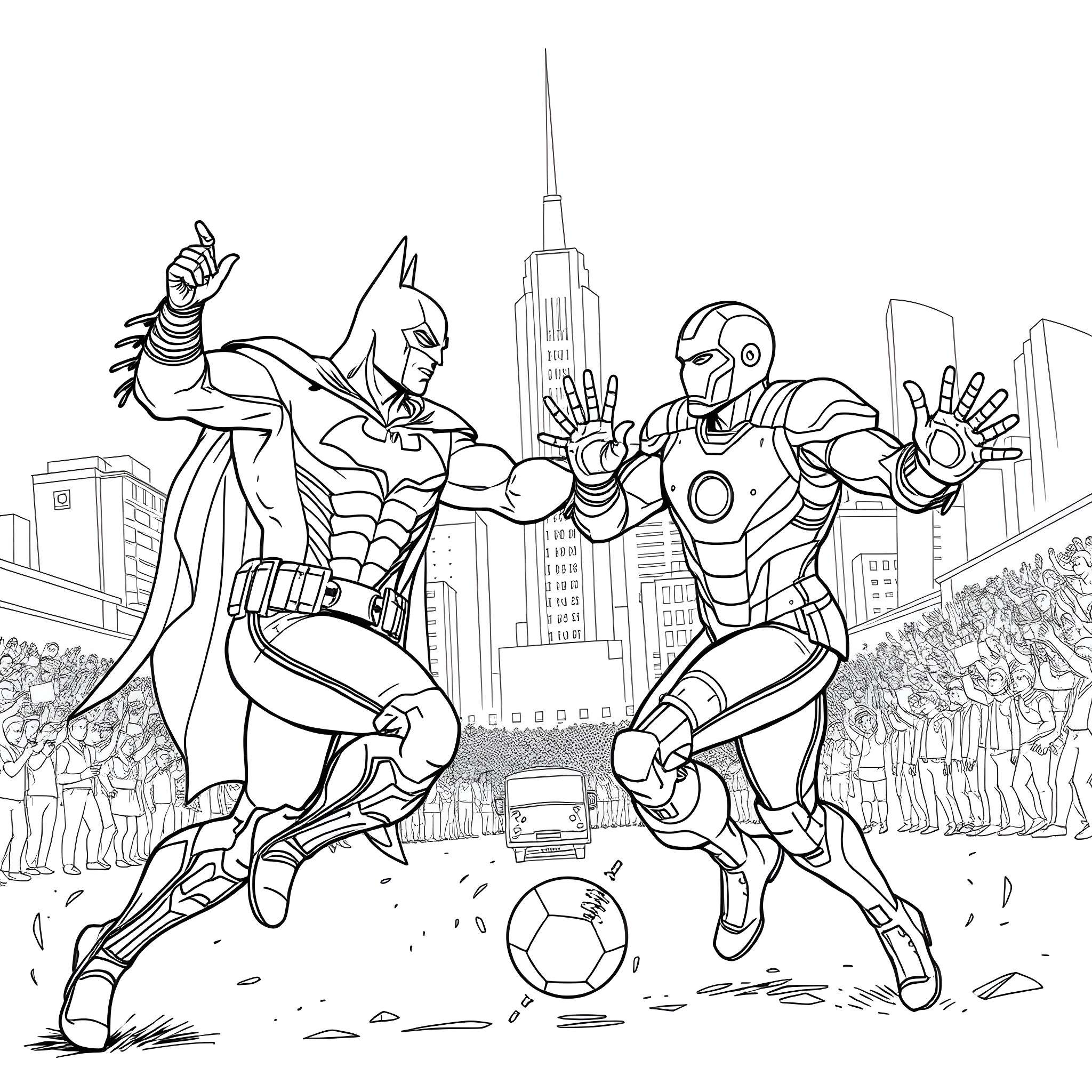 Batman and Iron Man battle it out in the city Coloring Page (free black-and-white line drawing printable PDF for all, from beginners to advanced learners, including children, teens, adults, and seniors)