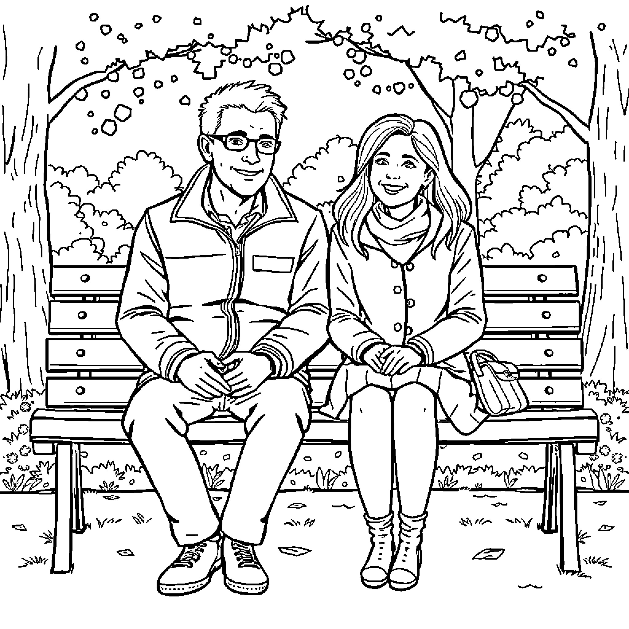Steve and friend sitting on a park bench Coloring Page (free black-and-white line drawing printable PDF for all, from beginners to advanced learners, including children, teens, adults, and seniors)