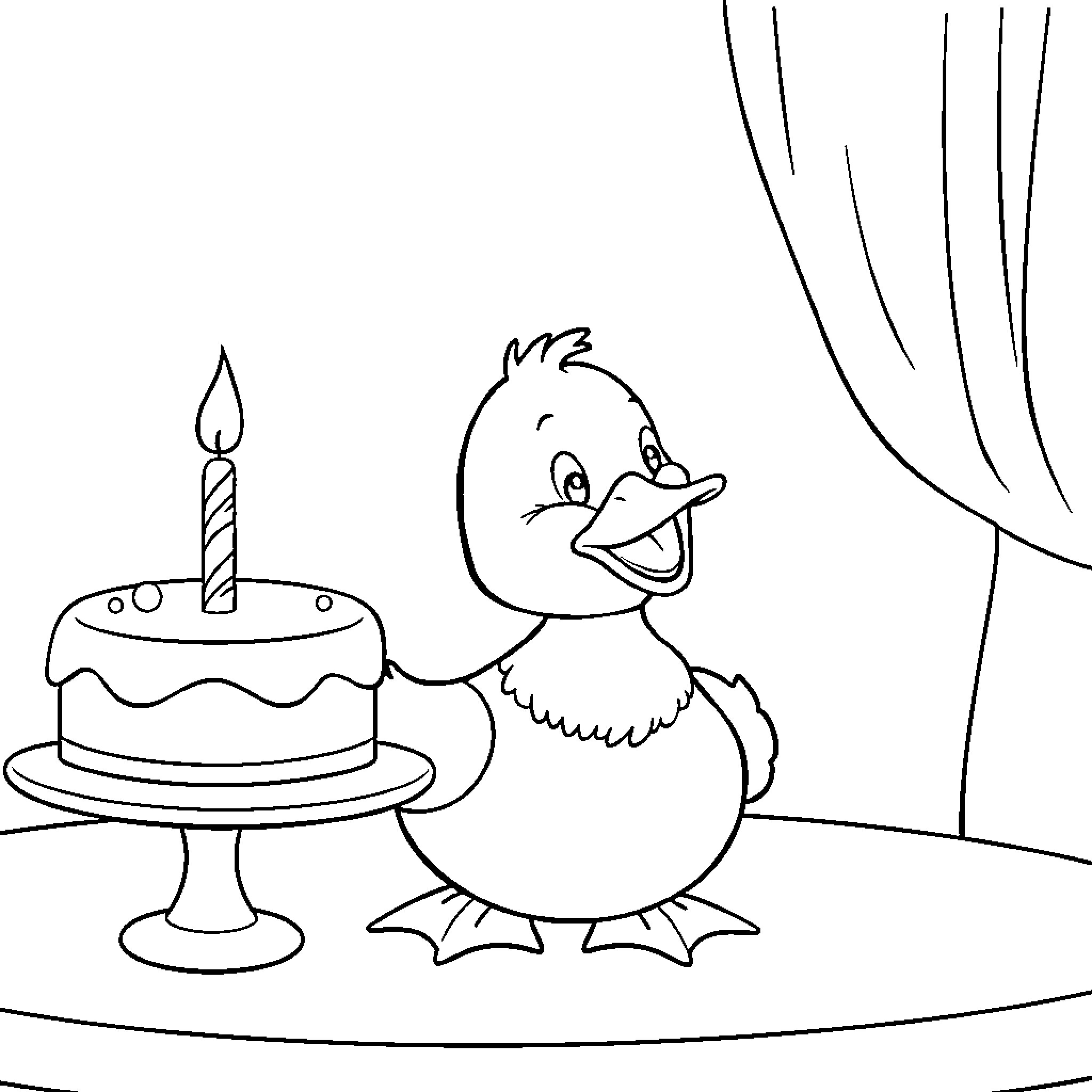 Rubber Duck Celebrating Birthday with Cake Coloring Page (free black-and-white line drawing printable PDF for all, from beginners to advanced learners, including children, teens, adults, and seniors)