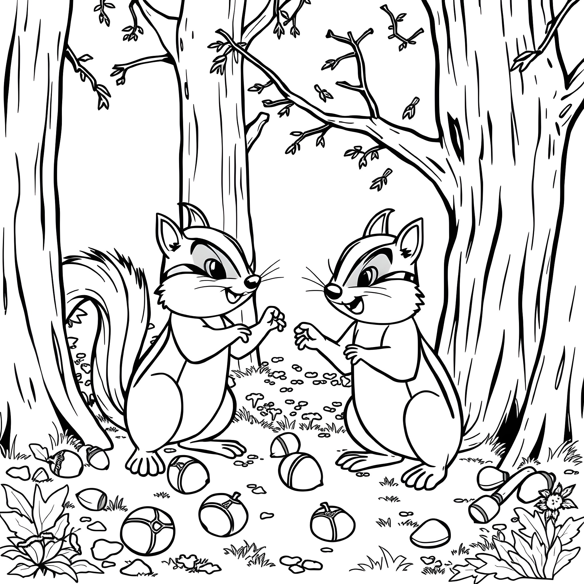 Chip and Chipmunk in the Enchanted Forest Coloring Page (free black-and-white line drawing printable PDF for all, from beginners to advanced learners, including children, teens, adults, and seniors)