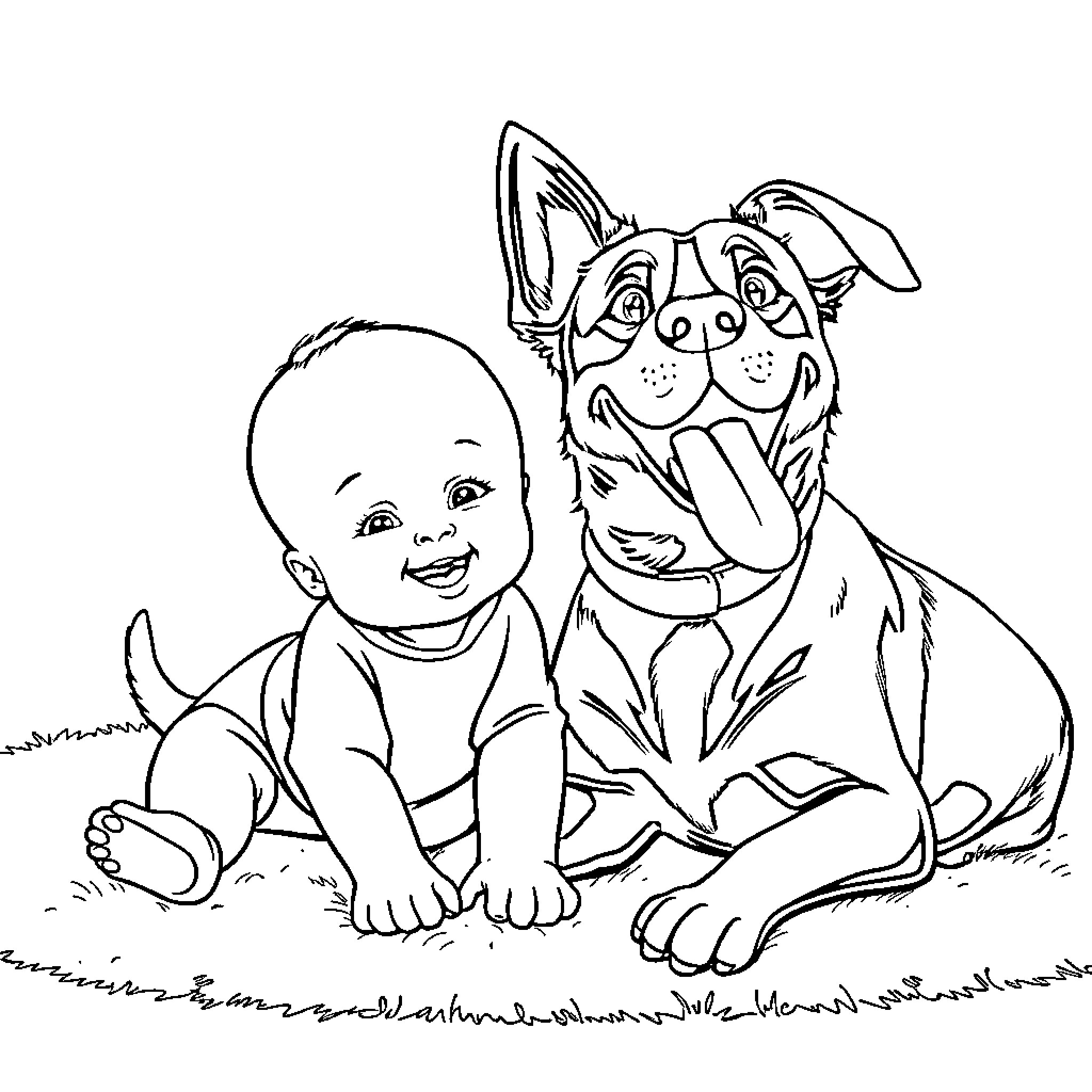 Dog and Baby Playing Happily Outdoors Coloring Page (free black-and-white line drawing printable PDF for all, from beginners to advanced learners, including children, teens, adults, and seniors)