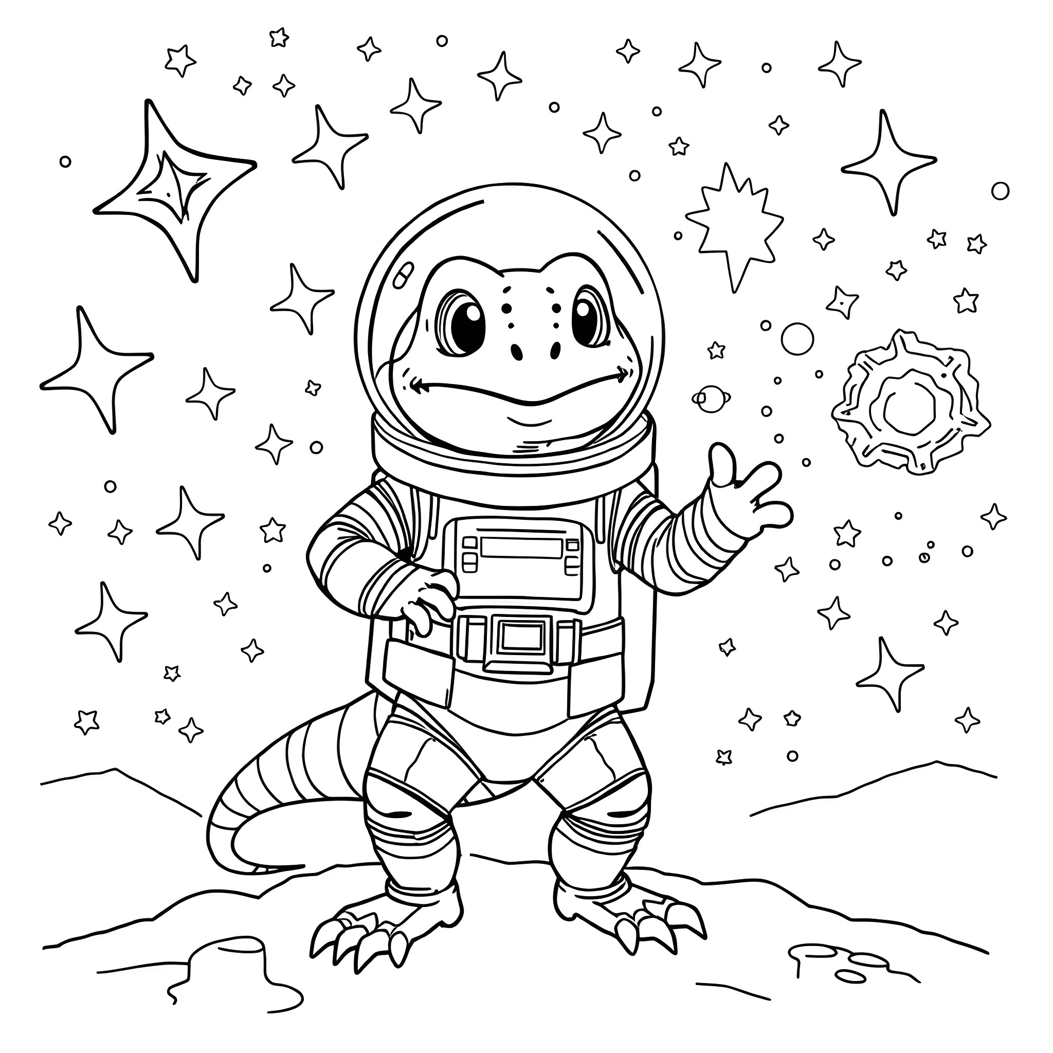 Armadillo astronaut exploring the starry universe Coloring Page (free black-and-white line drawing printable PDF for all, from beginners to advanced learners, including children, teens, adults, and seniors)