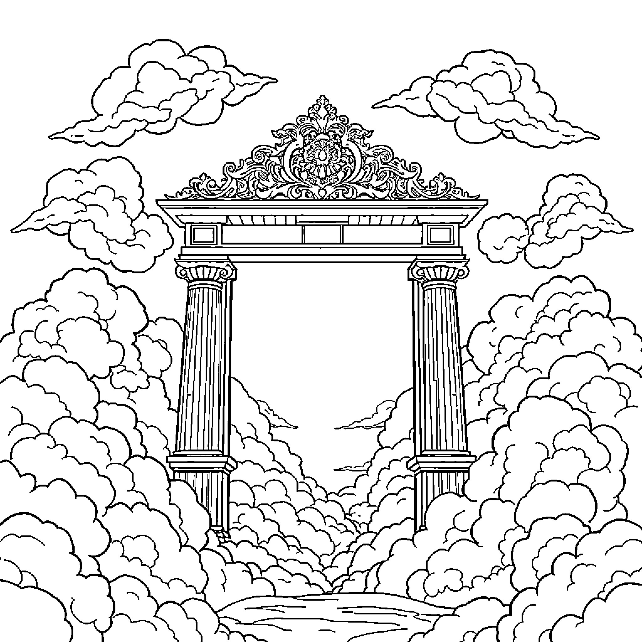 Heaven's Gate: Ancient Portal in Celestial Clouds Coloring Page (free black-and-white line drawing printable PDF for all, from beginners to advanced learners, including children, teens, adults, and seniors)