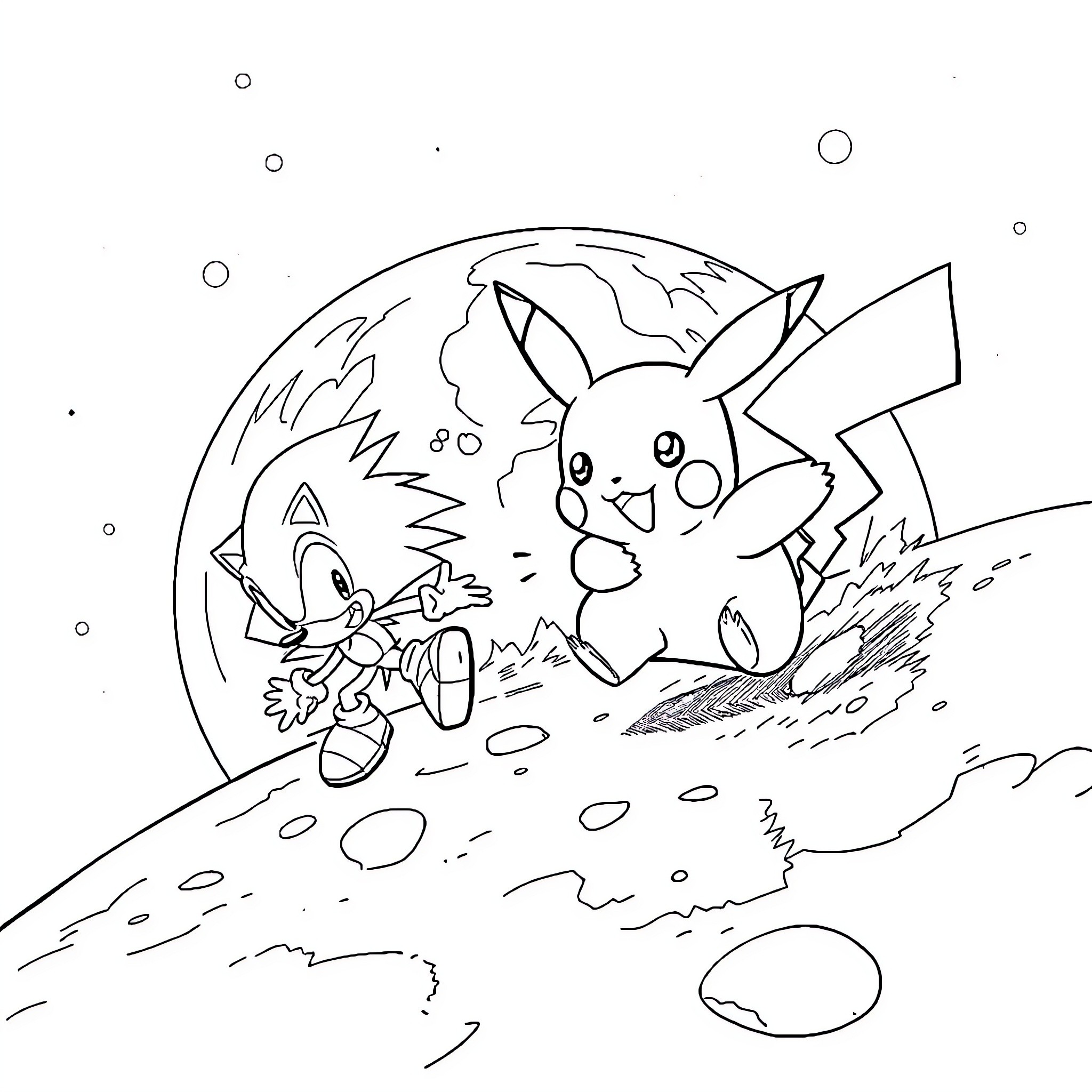 Pikachu playing in the snowy landscape Coloring Page (free black-and-white line drawing printable PDF for all, from beginners to advanced learners, including children, teens, adults, and seniors)
