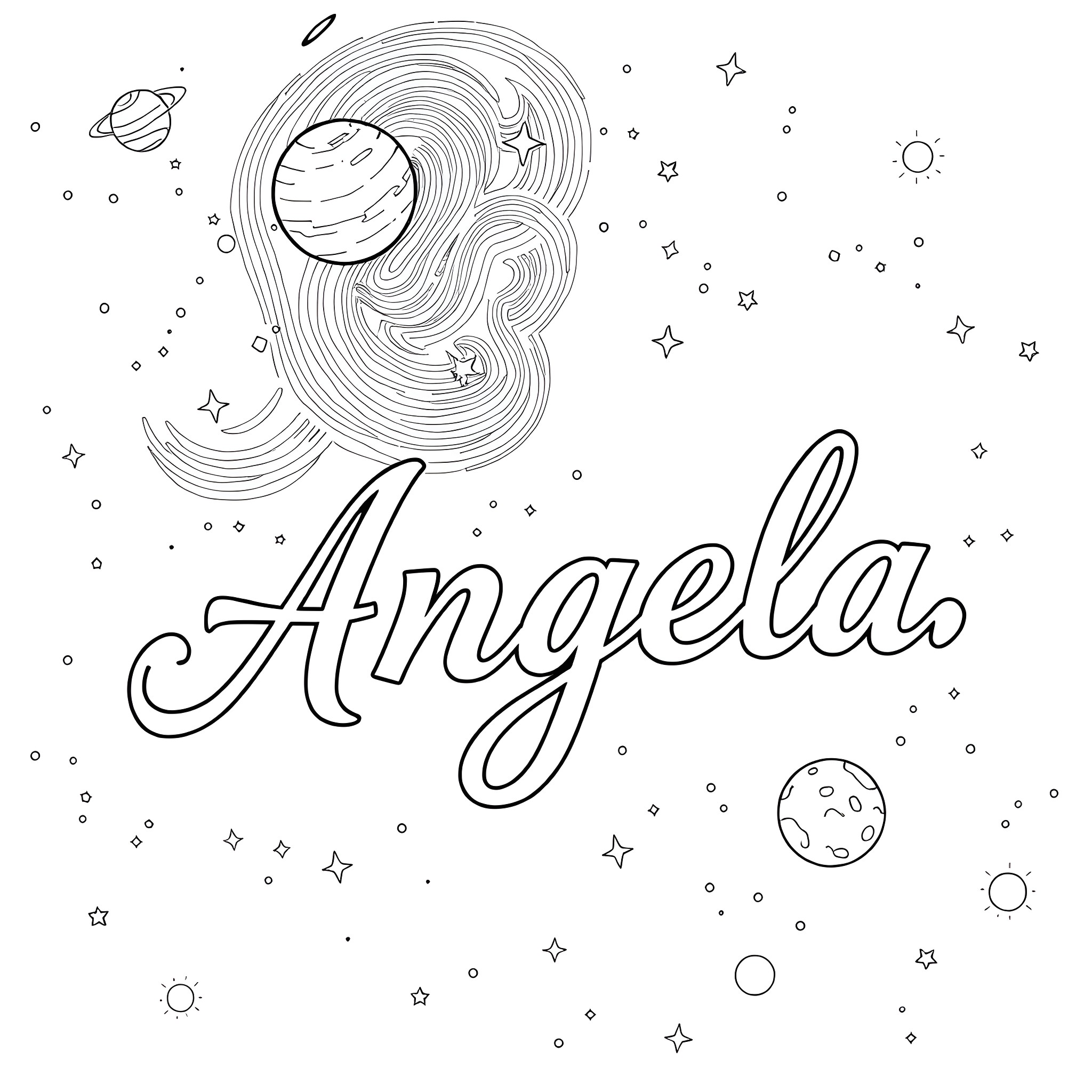 Angela's cosmic adventure with planets and stars Coloring Page (free black-and-white line drawing printable PDF for all, from beginners to advanced learners, including children, teens, adults, and seniors)