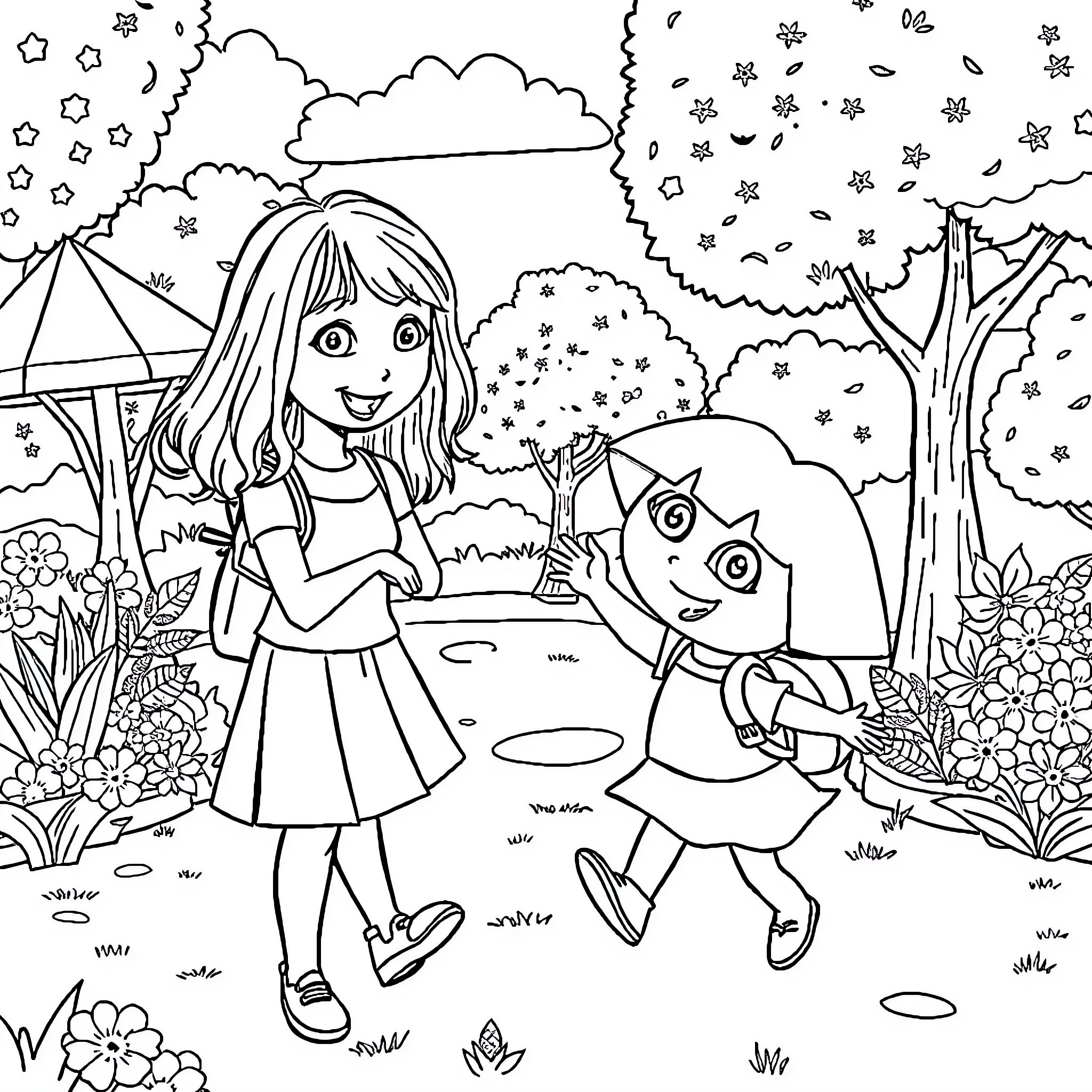 Taylor Swift joyfully exploring nature with Dora the Explorer Coloring Page (free black-and-white line drawing printable PDF for all, from beginners to advanced learners, including children, teens, adults, and seniors)