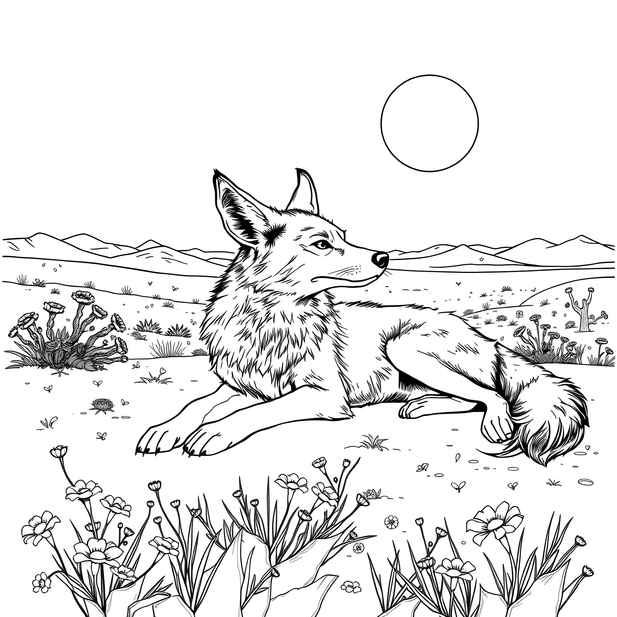 Coyote resting in the desert landscape Coloring Page (free black-and-white line drawing printable PDF for all, from beginners to advanced learners, including children, teens, adults, and seniors)
