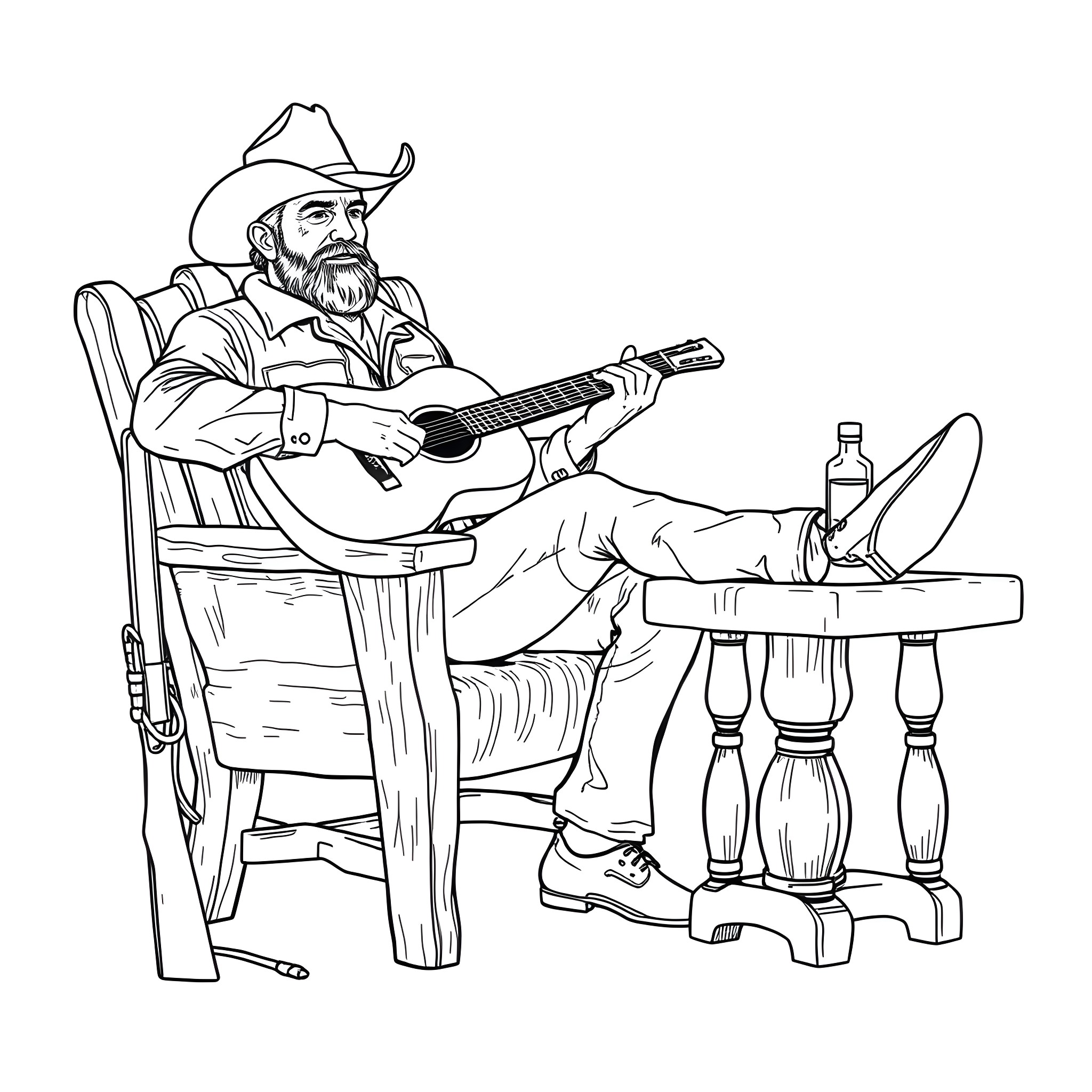 Cowboy musician playing guitar while relaxing Coloring Page (free black-and-white line drawing printable PDF for all, from beginners to advanced learners, including children, teens, adults, and seniors)
