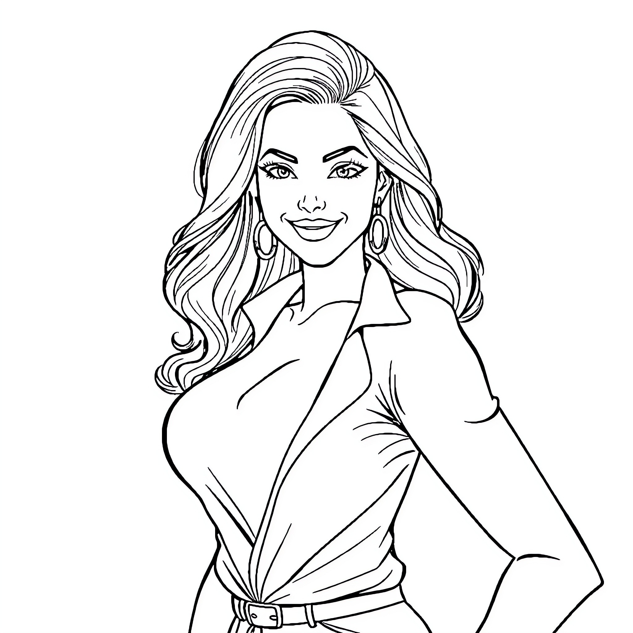 Woman with long wavy hair and stylish outfit Coloring Page (free black-and-white line drawing printable PDF for all, from beginners to advanced learners, including children, teens, adults, and seniors)