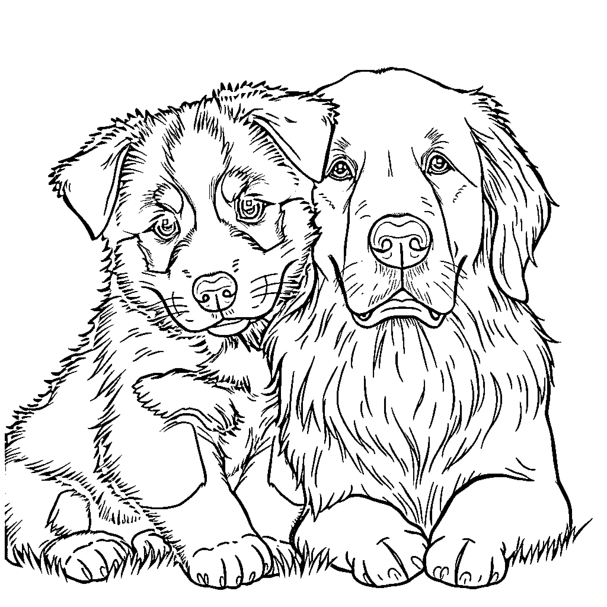 Puppy friends enjoying outdoor adventure Coloring Page (free black-and-white line drawing printable PDF for all, from beginners to advanced learners, including children, teens, adults, and seniors)
