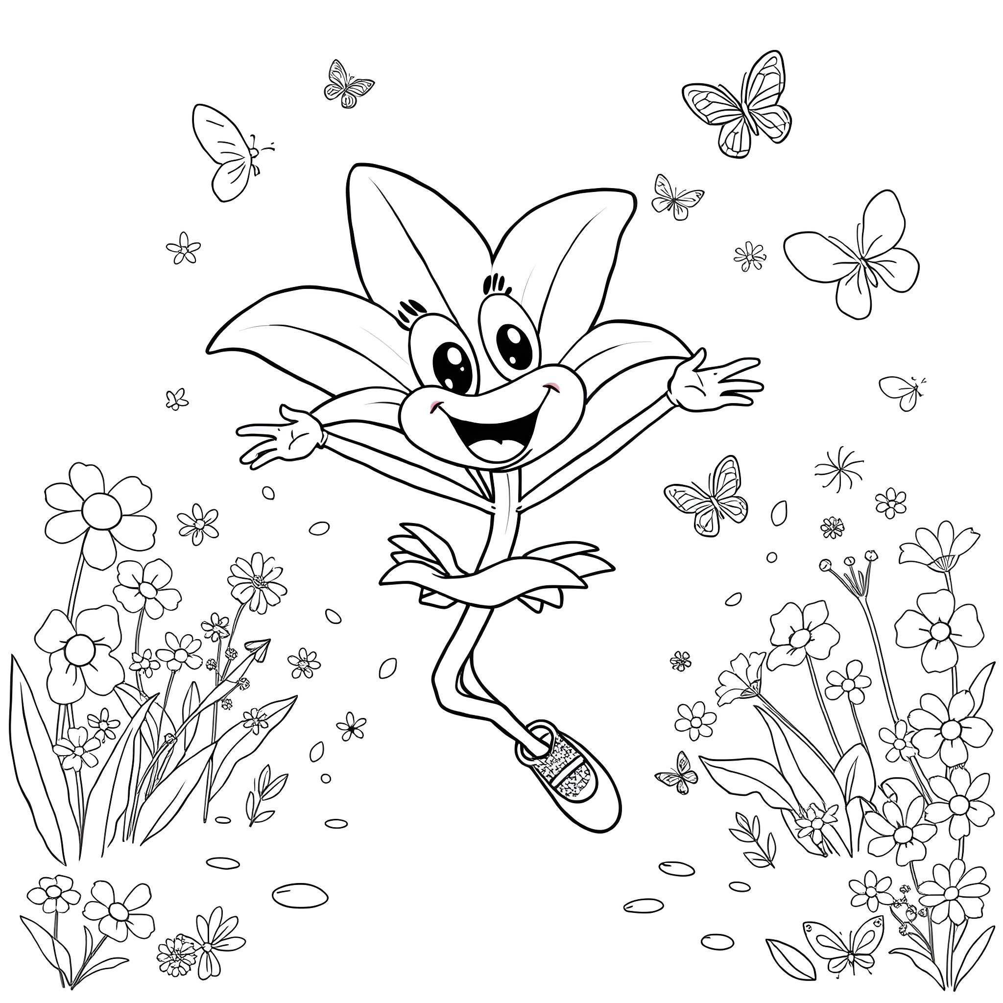 Lily joyfully dancing amongst blooming flowers and butterflies Coloring Page (free black-and-white line drawing printable PDF for all, from beginners to advanced learners, including children, teens, adults, and seniors)