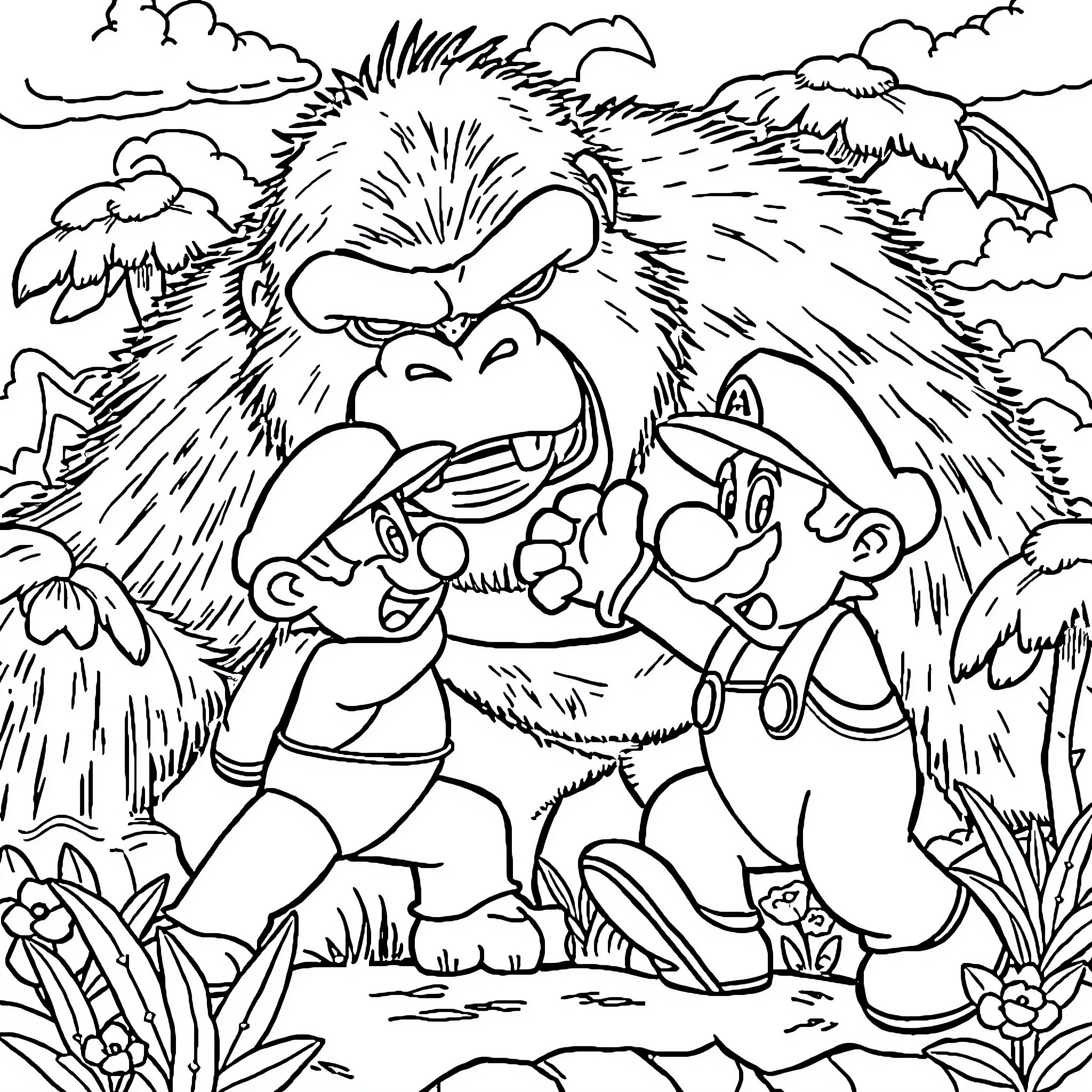 Mario's Jungle Adventure with Friends Coloring Page (free black-and-white line drawing printable PDF for all, from beginners to advanced learners, including children, teens, adults, and seniors)
