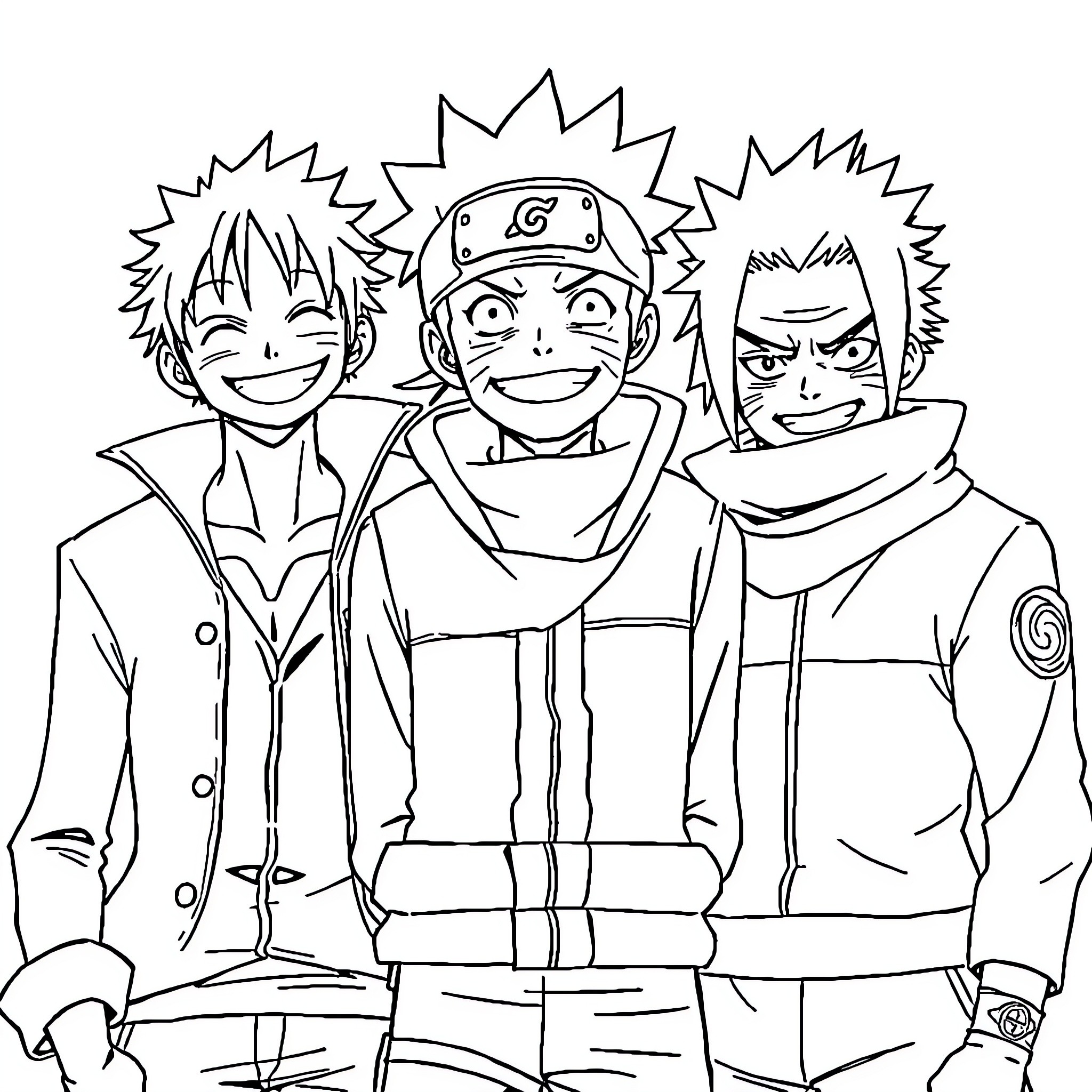 Luffy and Friends in Action Coloring Page (free black-and-white line drawing printable PDF for all, from beginners to advanced learners, including children, teens, adults, and seniors)