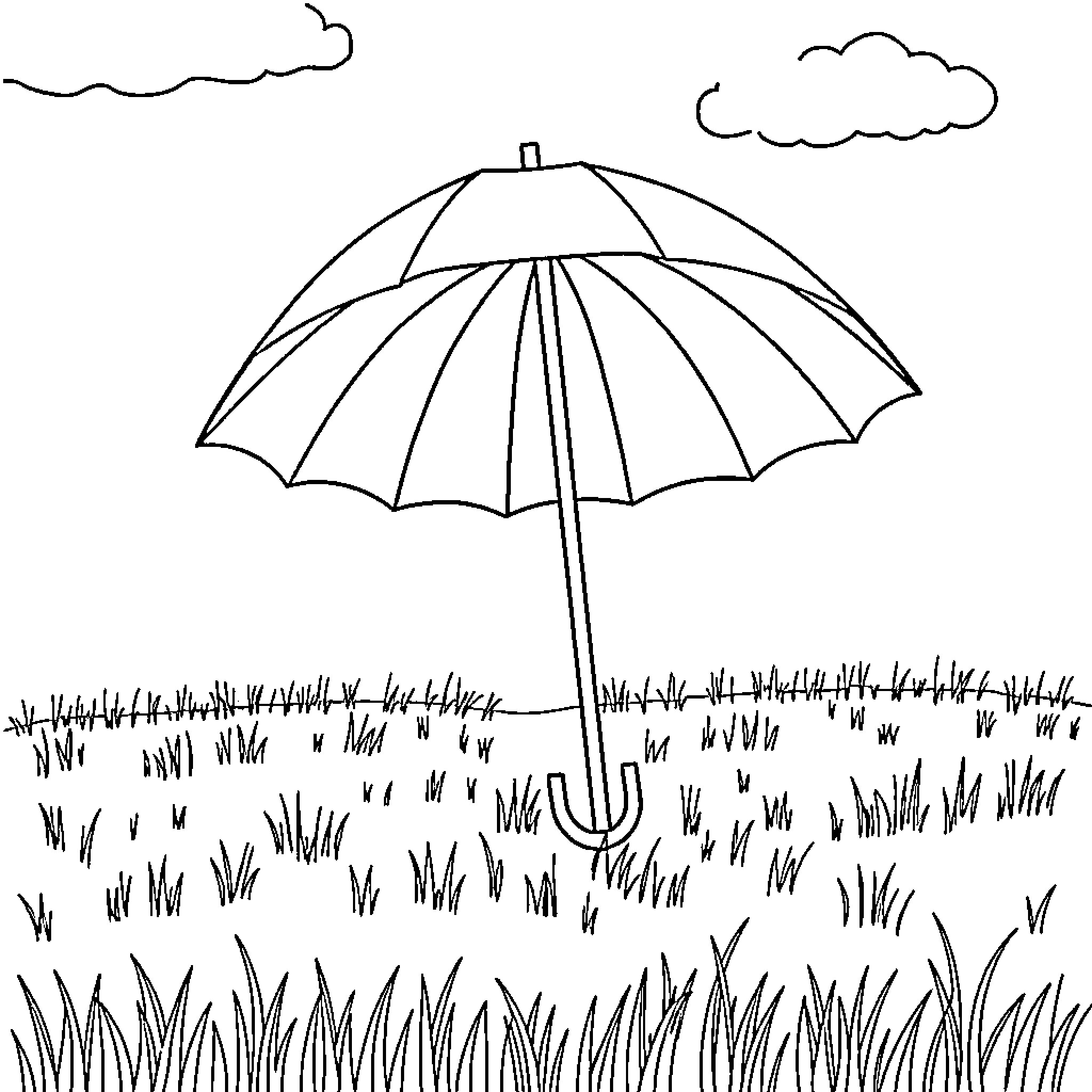 Umbrella shielding grass from the elements Coloring Page (free black-and-white line drawing printable PDF for all, from beginners to advanced learners, including children, teens, adults, and seniors)