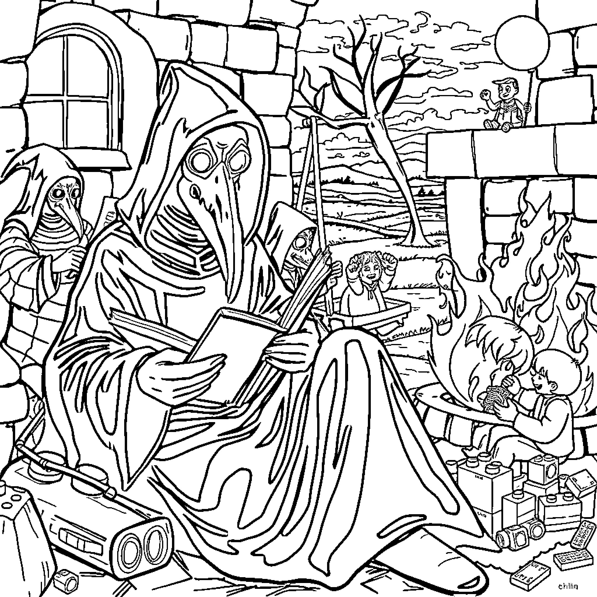 Plague Doctor Overseeing a Chaotic Scene Coloring Page (free black-and-white line drawing printable PDF for all, from beginners to advanced learners, including children, teens, adults, and seniors)