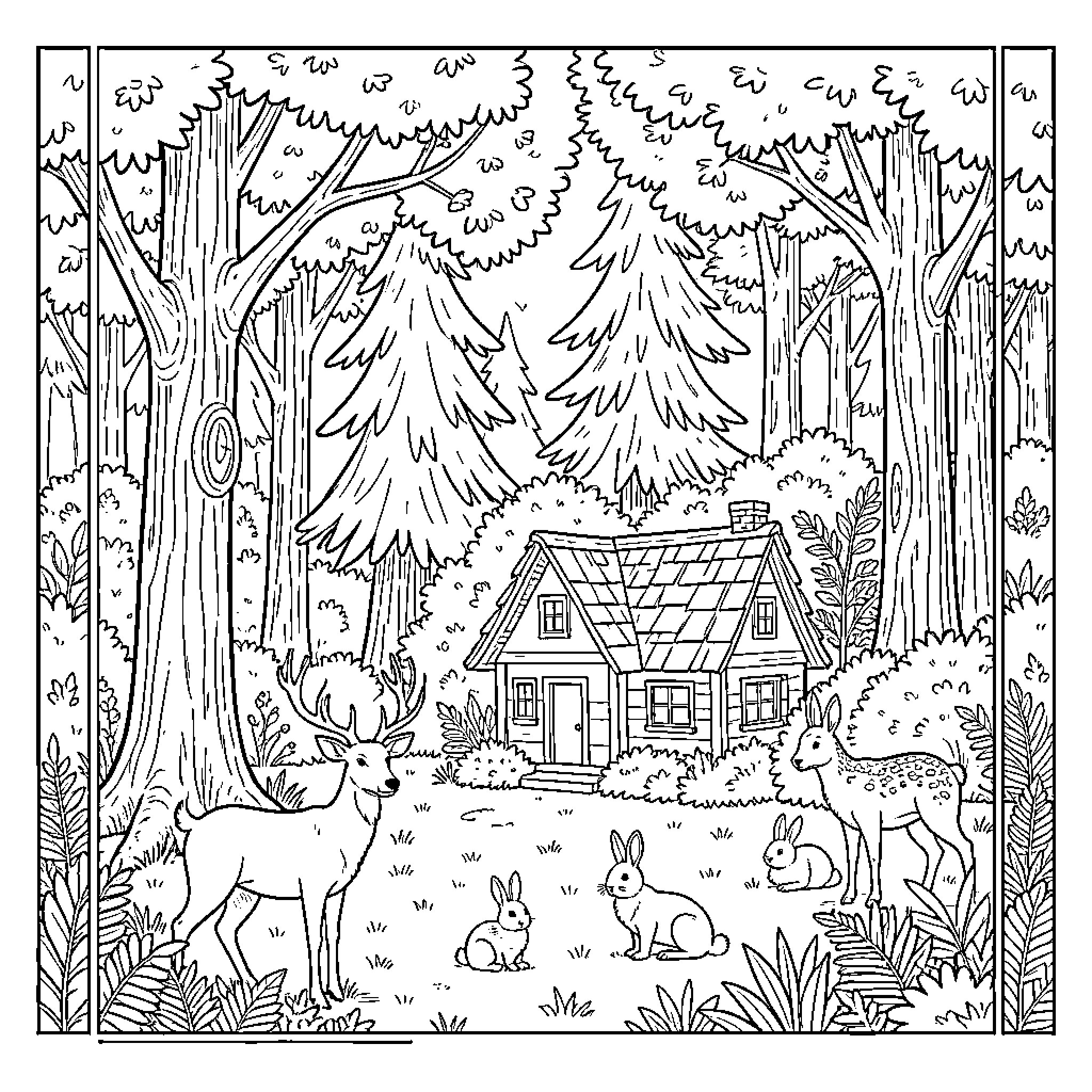 Forest Cabin with Wildlife Scenery Coloring Page (free black-and-white line drawing printable PDF for all, from beginners to advanced learners, including children, teens, adults, and seniors)