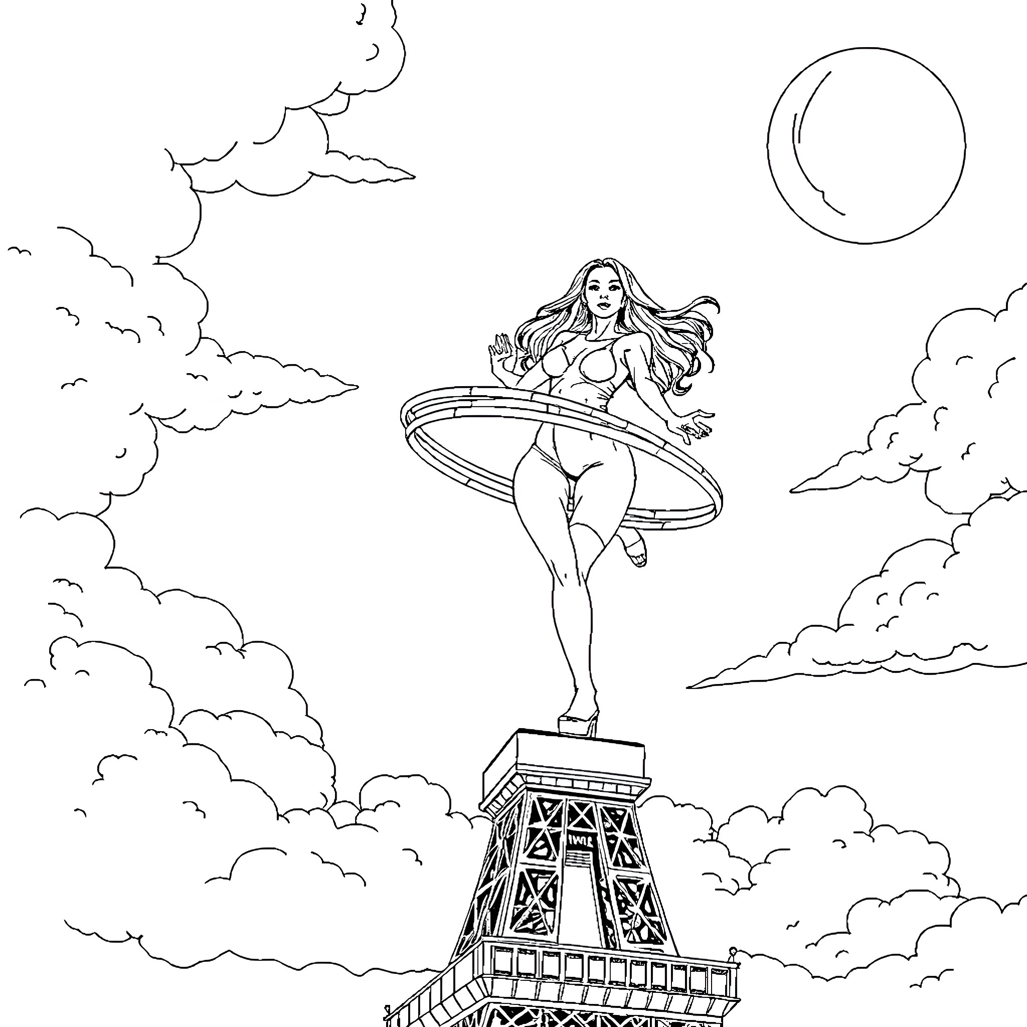 Megan Fox posing on the Eiffel Tower Coloring Page (free black-and-white line drawing printable PDF for all, from beginners to advanced learners, including children, teens, adults, and seniors)